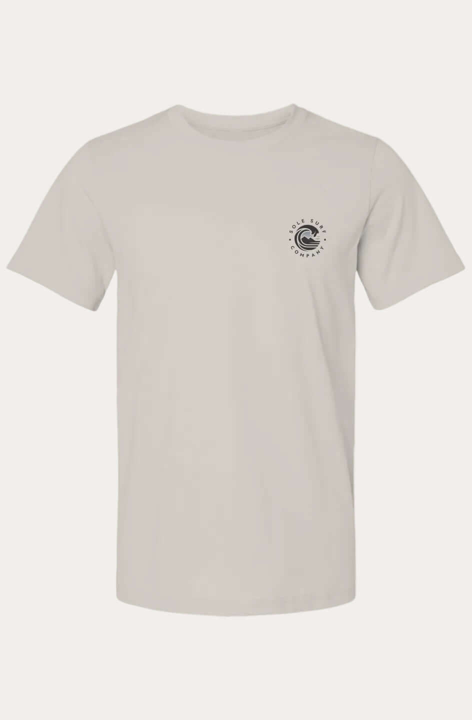 A light beige crewneck t-shirt with a small black circular logo on the left chest, displayed on a solid white background.