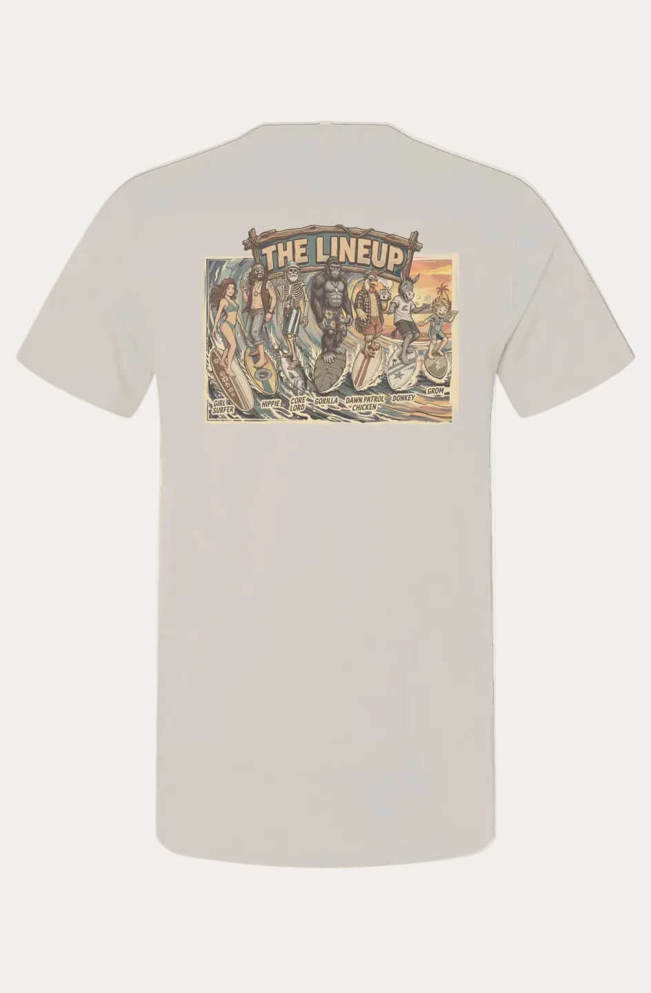 A light gray short-sleeve t-shirt shown from the back, featuring a large vintage-style graphic print with the text 'THE LINEUP' above an illustration of a band performing on stage.