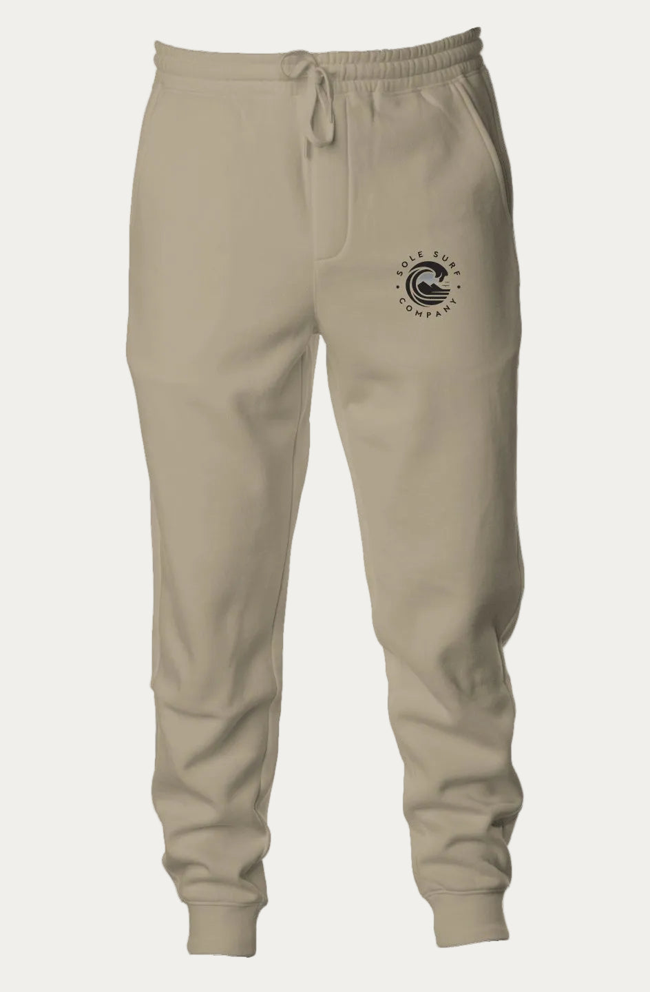 Beige sweatpants with a logo on the left thigh against a white background. SSC Men’s Fleece Joggers