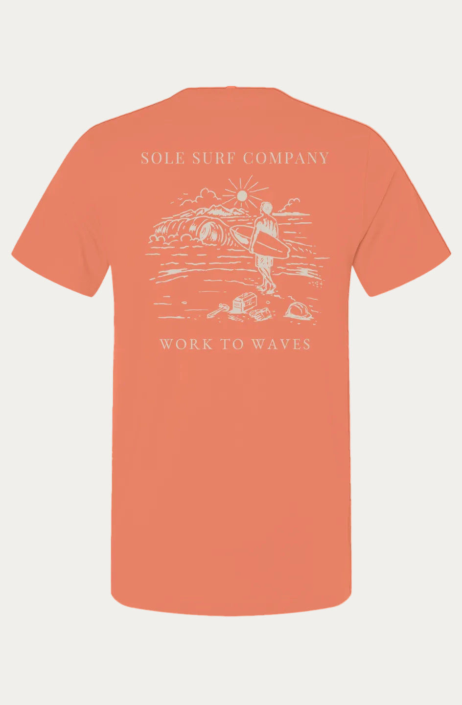 A coral orange short-sleeve t-shirt shown from the back, featuring a white line art graphic of a surfer with a surfboard, a wave, and the text 'SOLE SURF COMPANY' and 'WORK TO WAVES'.