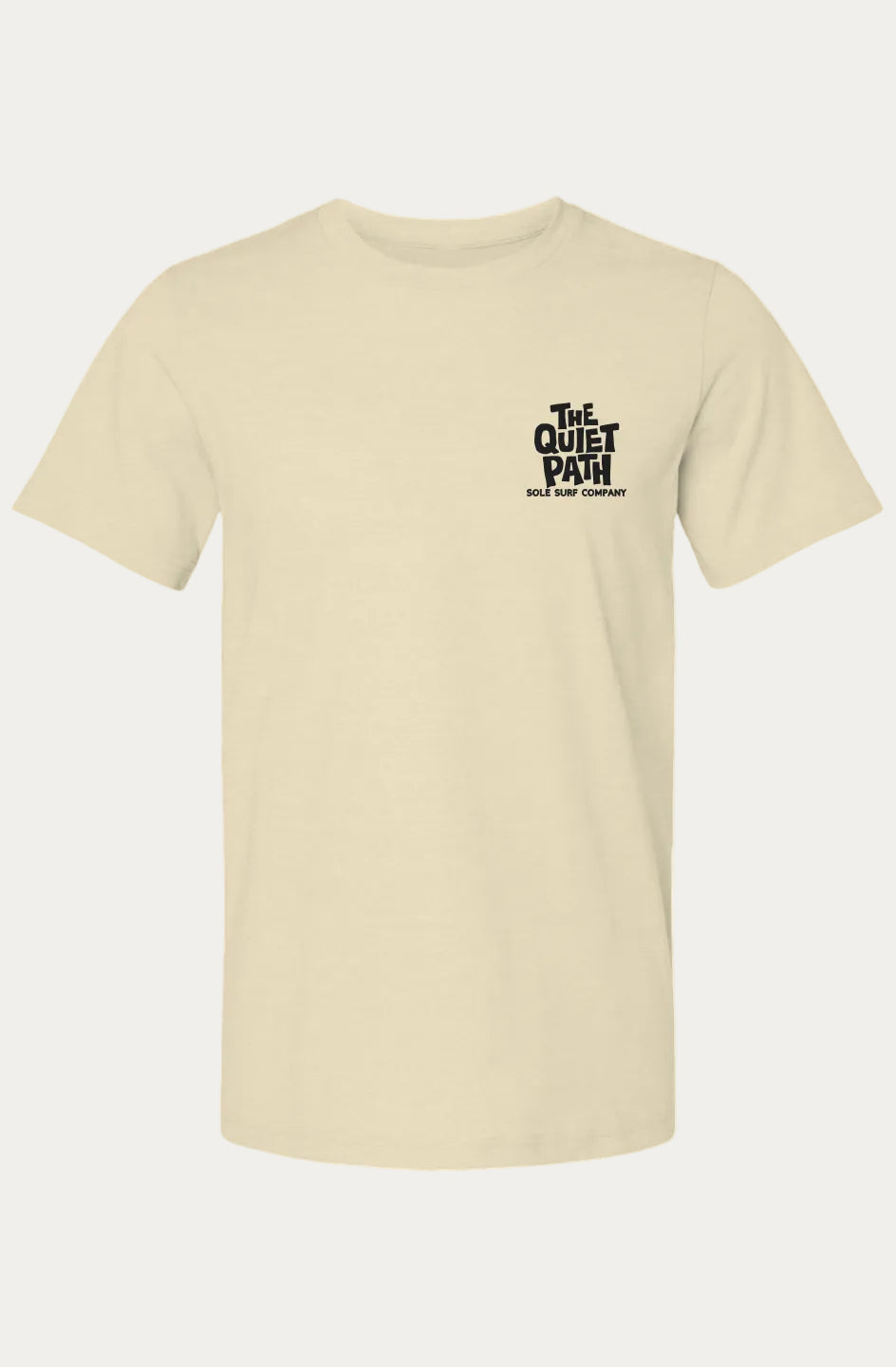 A light beige crewneck t-shirt with a small black graphic on the left chest reading The Quiet Path T-shirt in cream color with black left-chest logo