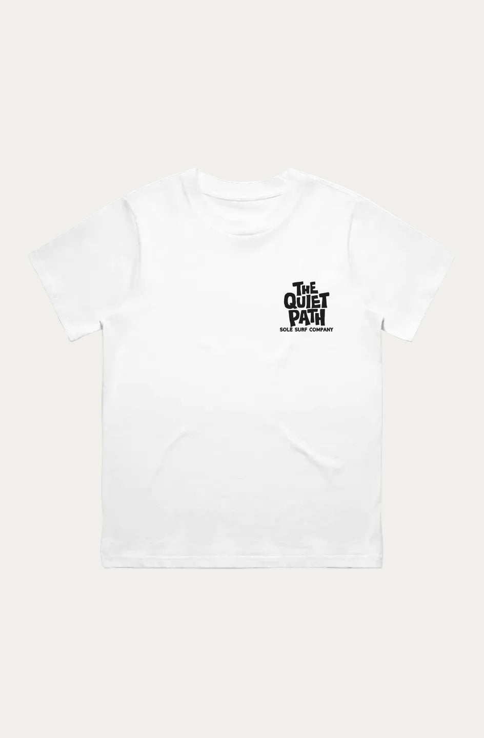A white short-sleeve crewneck t-shirt with a small black graphic on the left chest reading 'THE QUIET PATH' displayed flat against a white background.