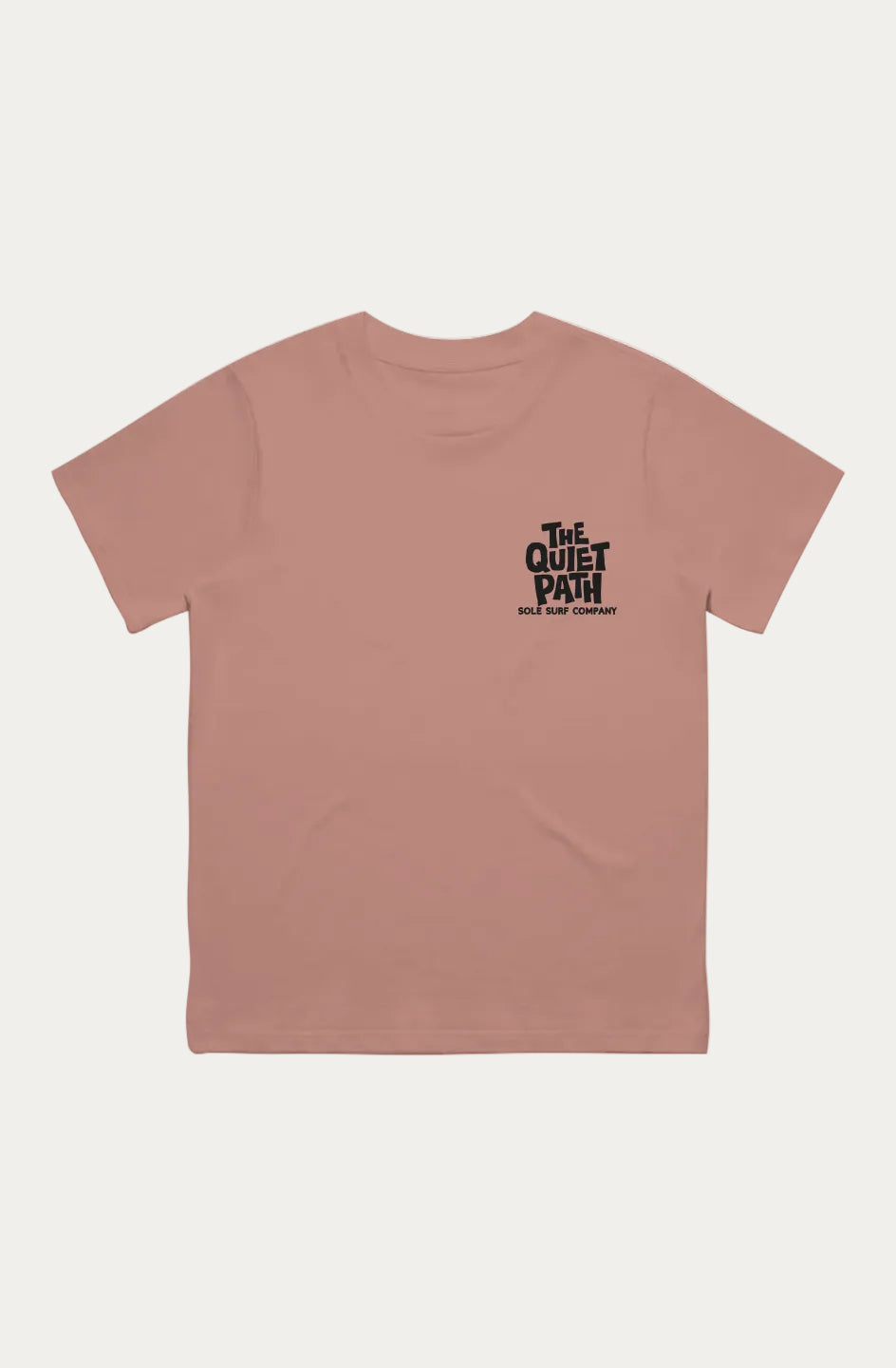 A dusty rose short-sleeve t-shirt with a small black graphic on the left chest reading 'The Quiet Path' and sole surf Company', displayed flat against a solid white background