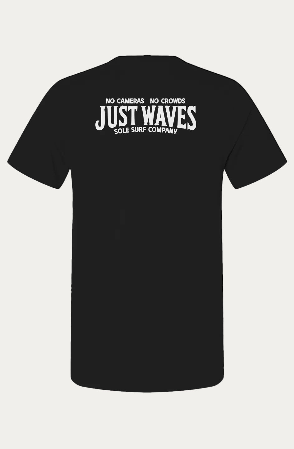 A black short-sleeve t-shirt shown from the back, featuring a white graphic print that reads 'NO CAMERAS NO CROWDS JUST WAVES SOLE SURF COMPANY'.
