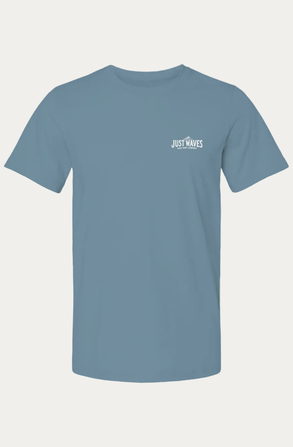 A dusty blue short-sleeve crewneck t-shirt with a small white 'Just Waves' logo printed on the left chest, displayed on a clean white background.