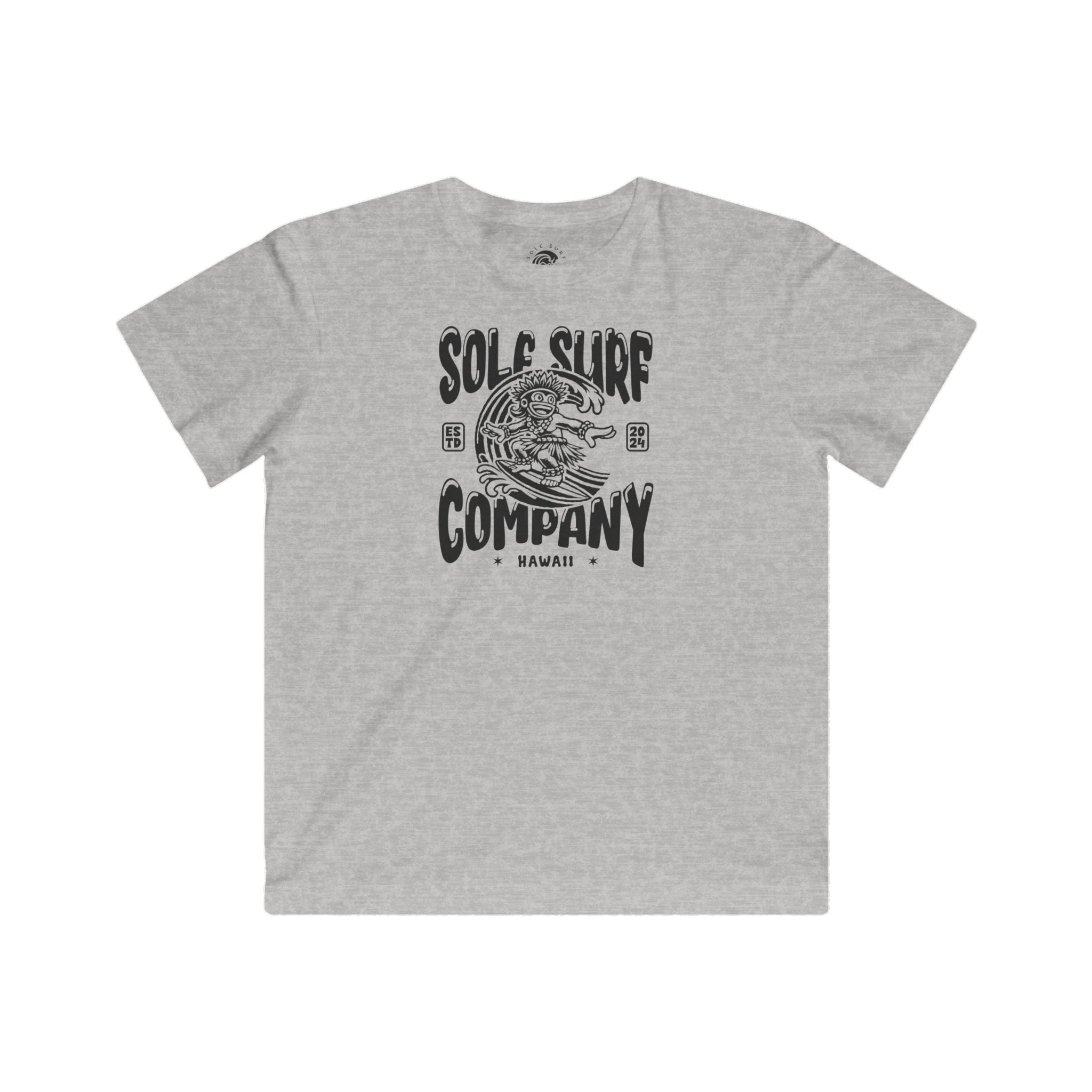Kids gray surf tee with tiger graphic and 'Sol Surf Company Hawaii' text, perfect for beach fun.
