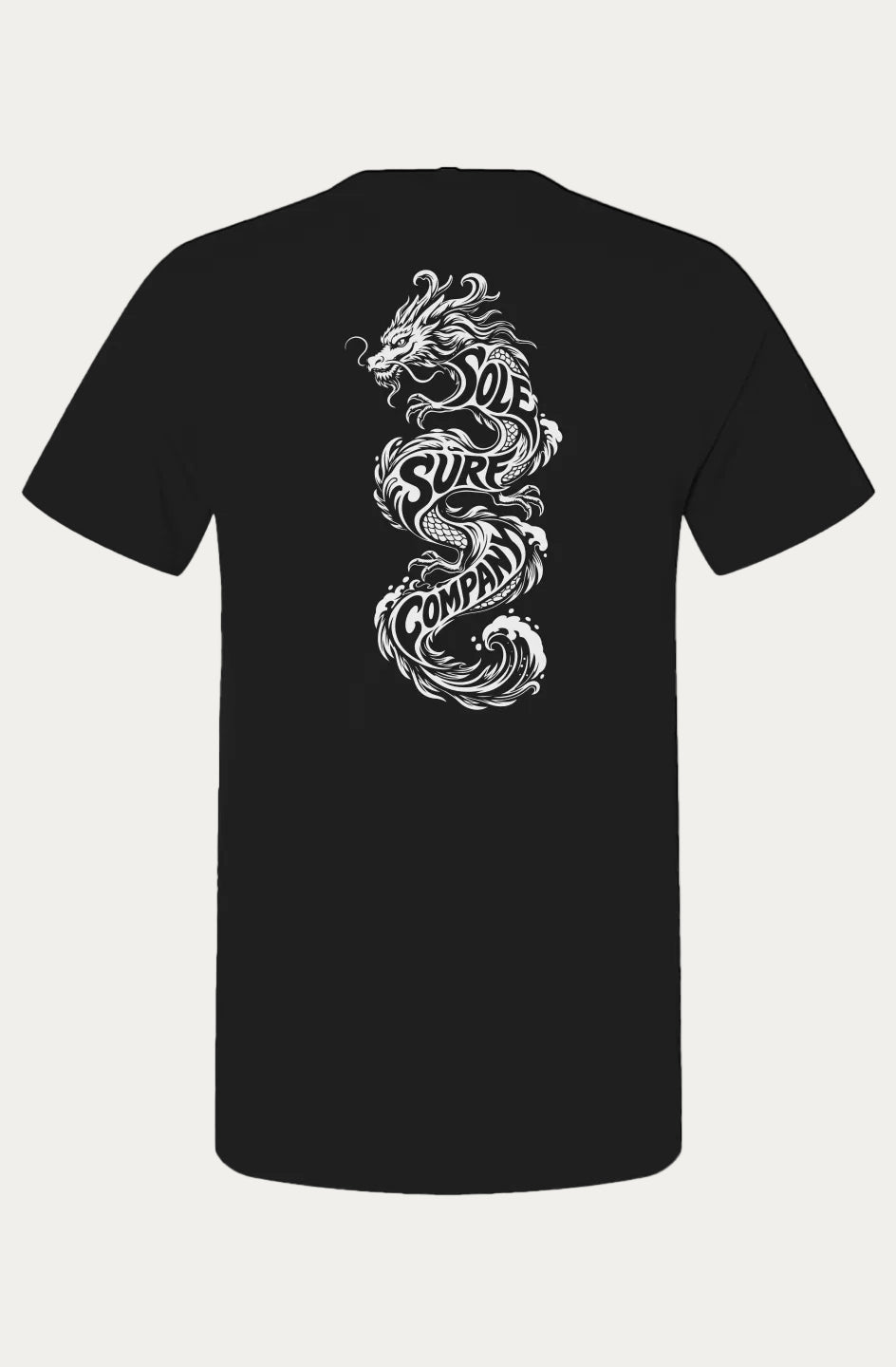 Black t-shirt with dragon graphic design on a white background with the words Sole Surf Company on the dragon