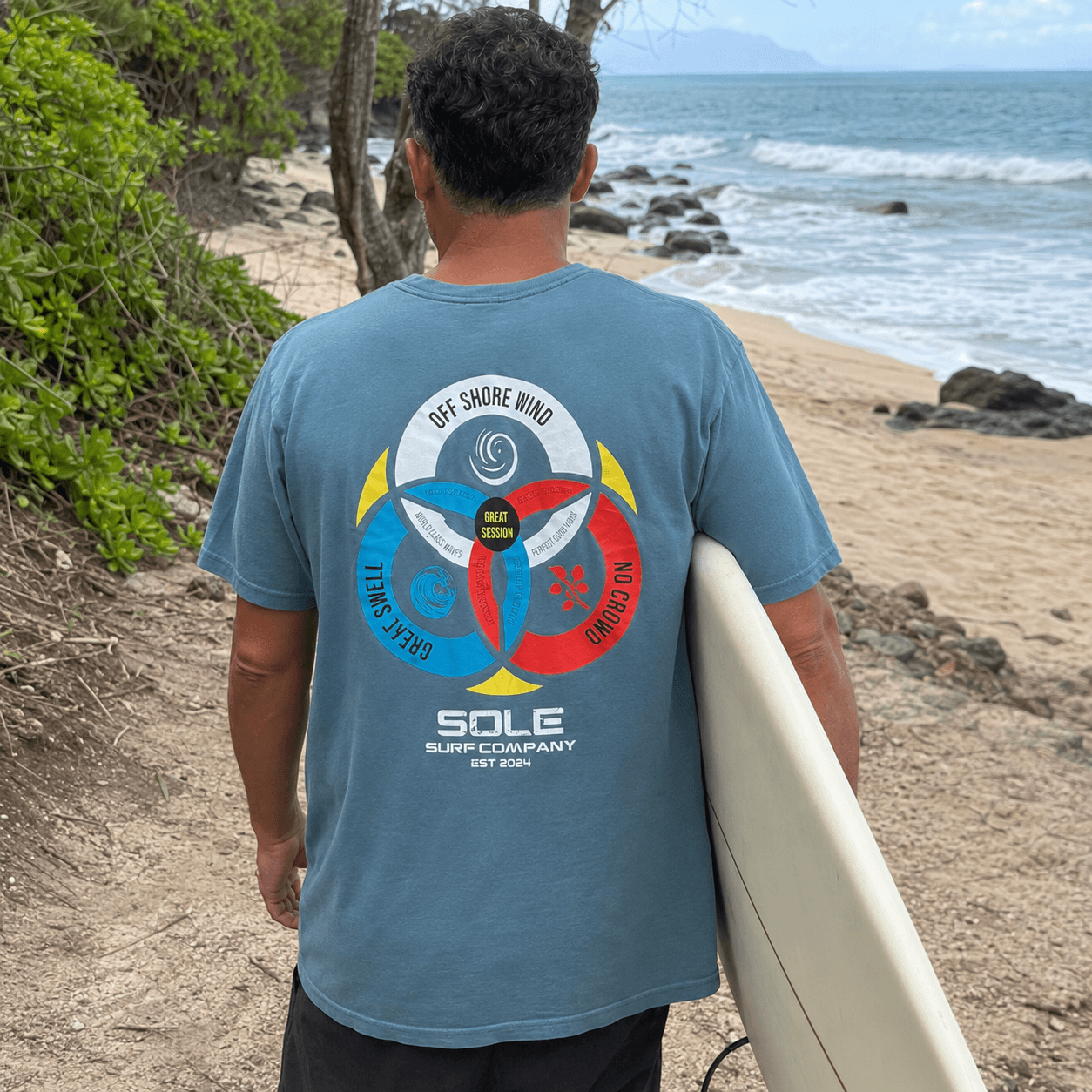 A man on a beach stands with his back to the camera, wearing a blue t-shirt with a large multicolor graphic on the back. He is holding a white surfboard under his arm.