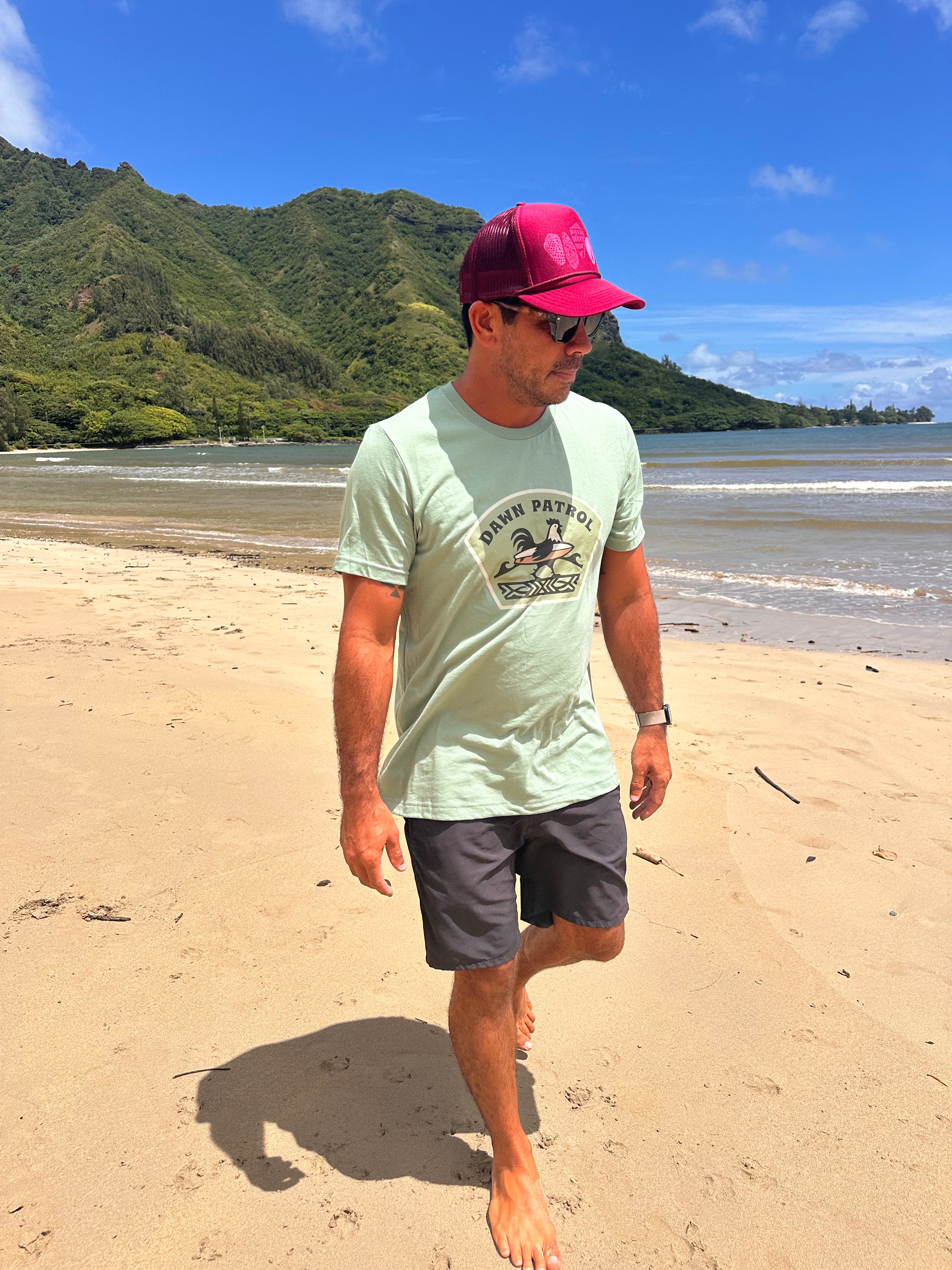 A man walking on a sandy beach wearing a light sage green t-shirt with a 'Drake Pirate Shop' graphic, dark gray shorts, and a magenta baseball cap, with ocean and green mountains in the background.