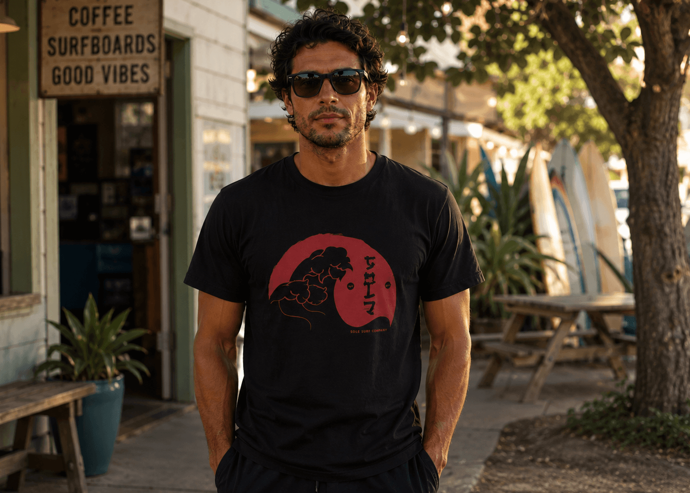 Man wearing a black t-shirt with a red graphic design, standing outdoors near a building with surfboards.
