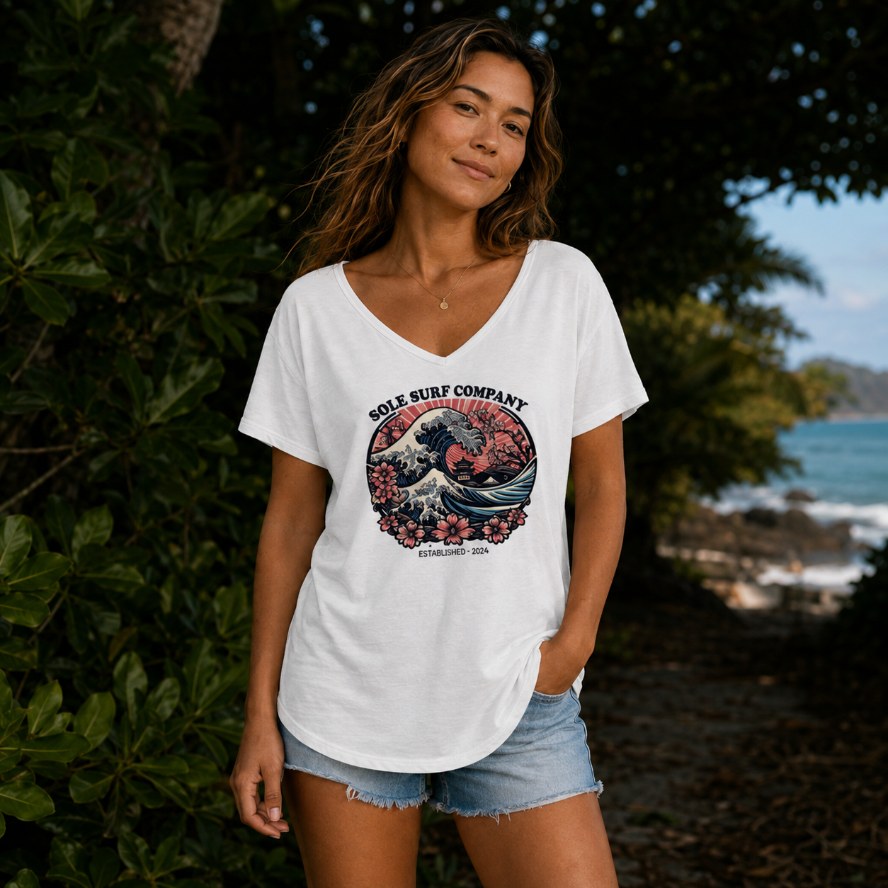 Japanese Waves and Flowers Tee