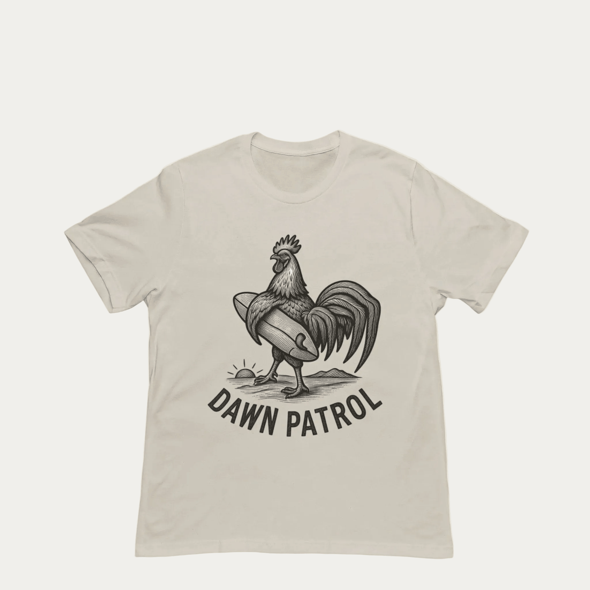Natrual t-shirt with a rooster graphic and 'Dawn Patrol' text on a yellow background