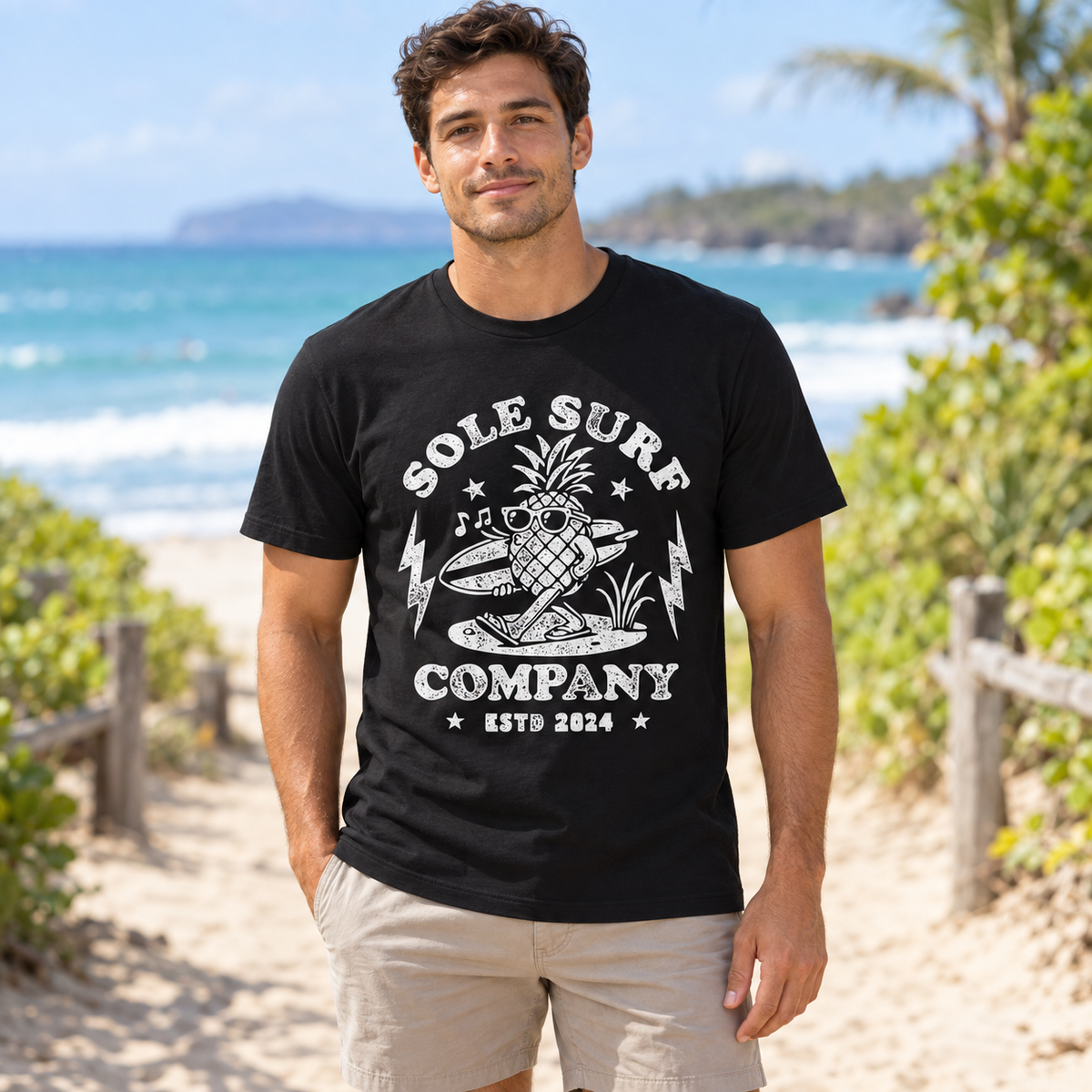 A man standing on a sandy beach path wearing a black graphic t-shirt with a white 'Sole Surfer Company' pineapple graphic, paired with khaki shorts.