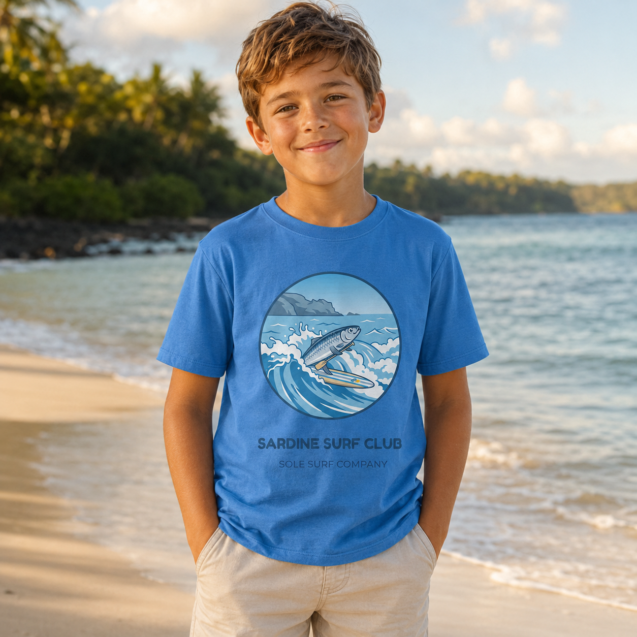 A young boy stands on a sandy beach wearing a blue t-shirt with a circular graphic of a surfer and the text 'SARDINE SURF CLUB'.