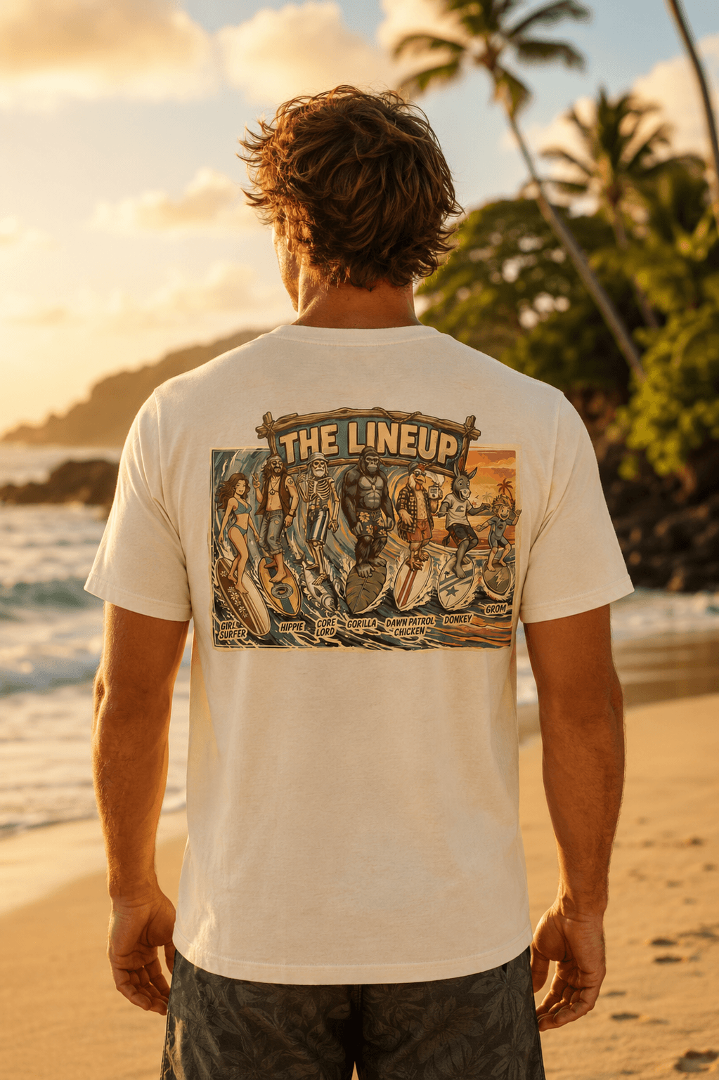 A man standing on a beach, viewed from behind, wearing a white t-shirt with a large vintage-style graphic print on the back that reads 'THE LINEUP'.