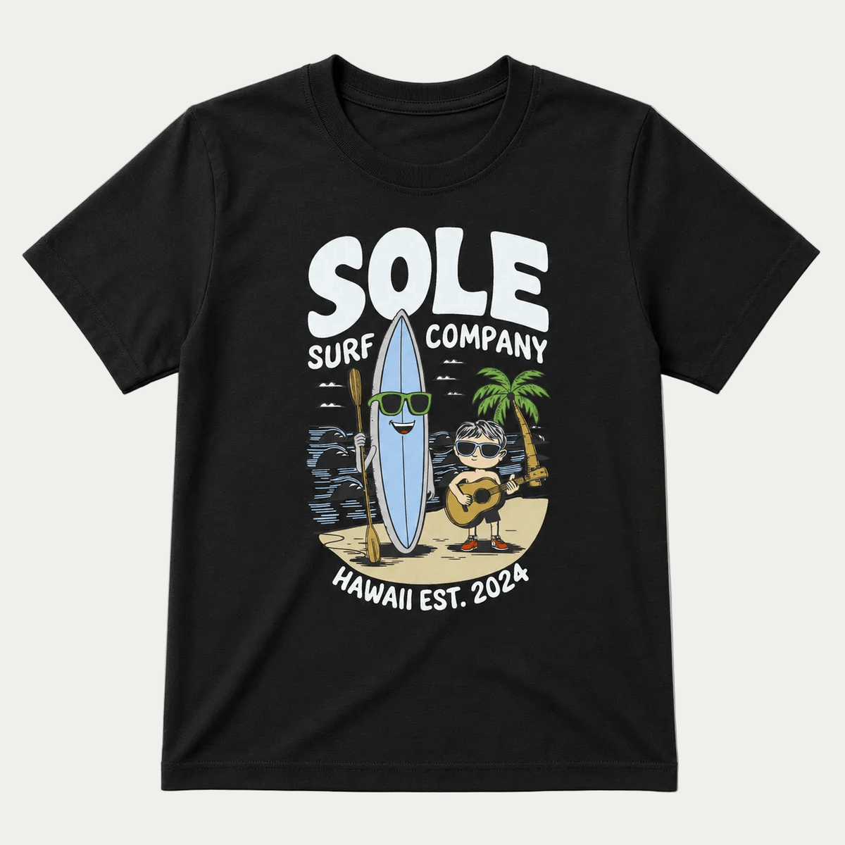 A black short-sleeve crewneck t-shirt featuring a colorful graphic print on the front. The graphic displays the text 'SOLE SURF COMPANY' in bold white letters, with a cartoon illustration of a smiling blue surfboard and a character playing a guitar on a beach, with 'HAWAII EST.