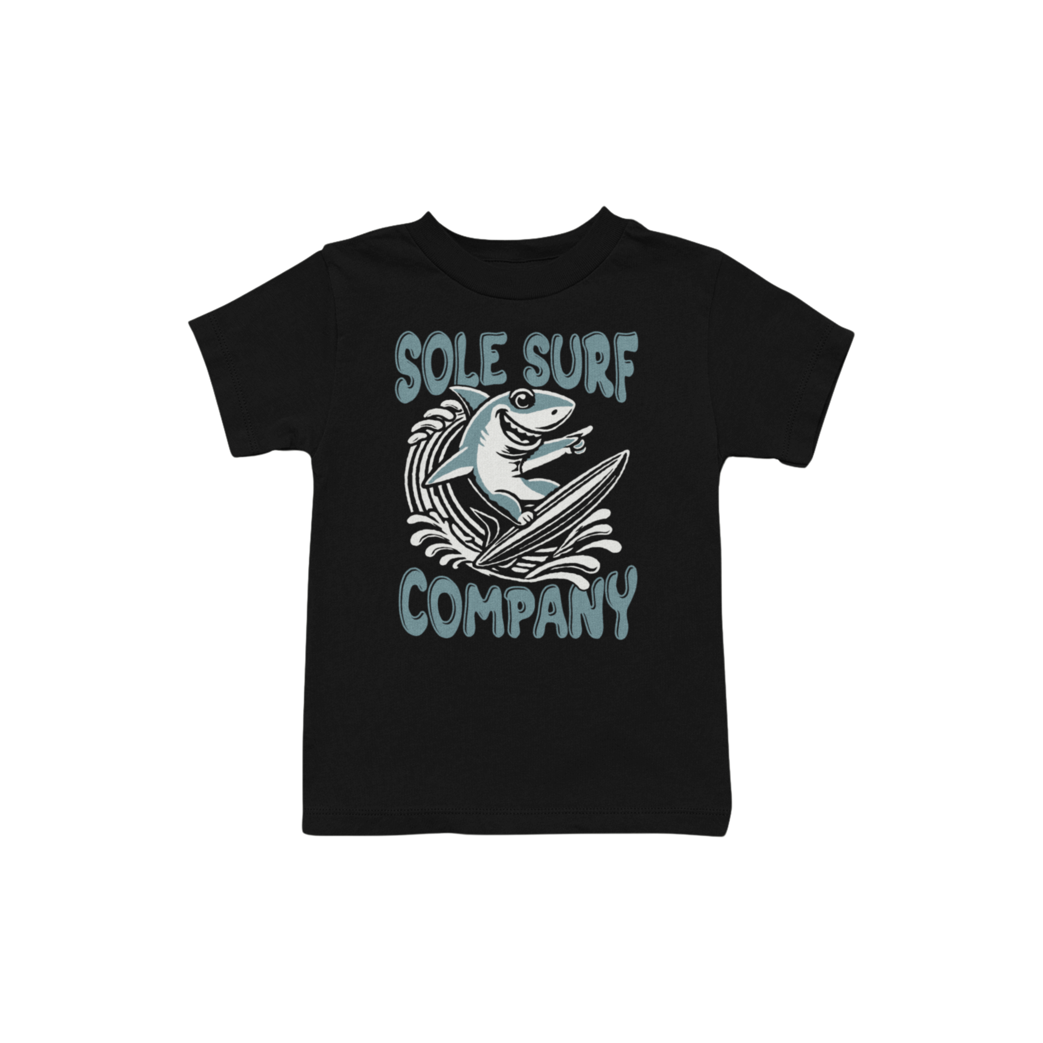Kids Surfing Shark Tee in black featuring playful shark graphic and surfboard design, perfect for ocean-loving children.