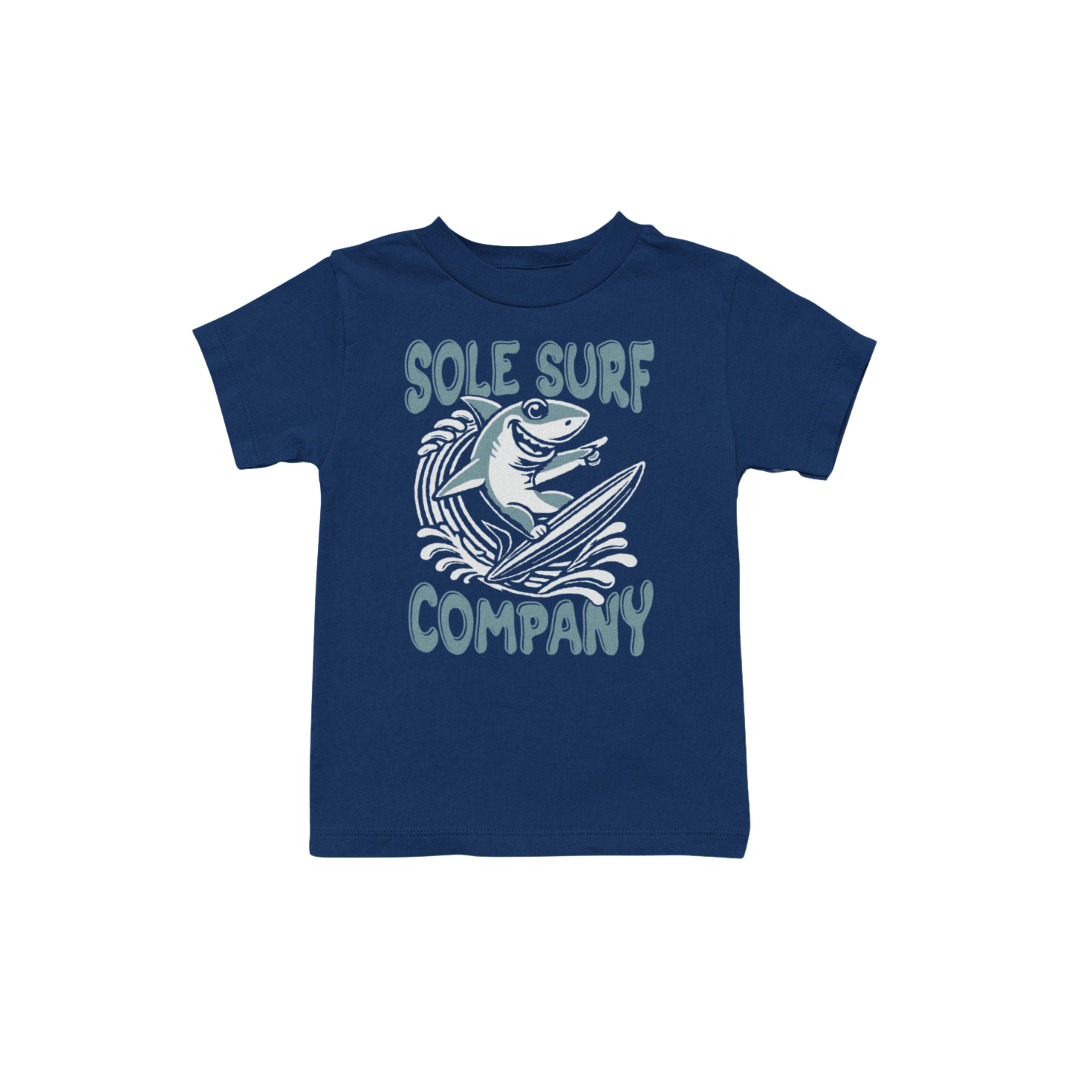 Kids Surfing Shark Tee in navy blue featuring playful shark graphic, perfect for beach days and adventures.