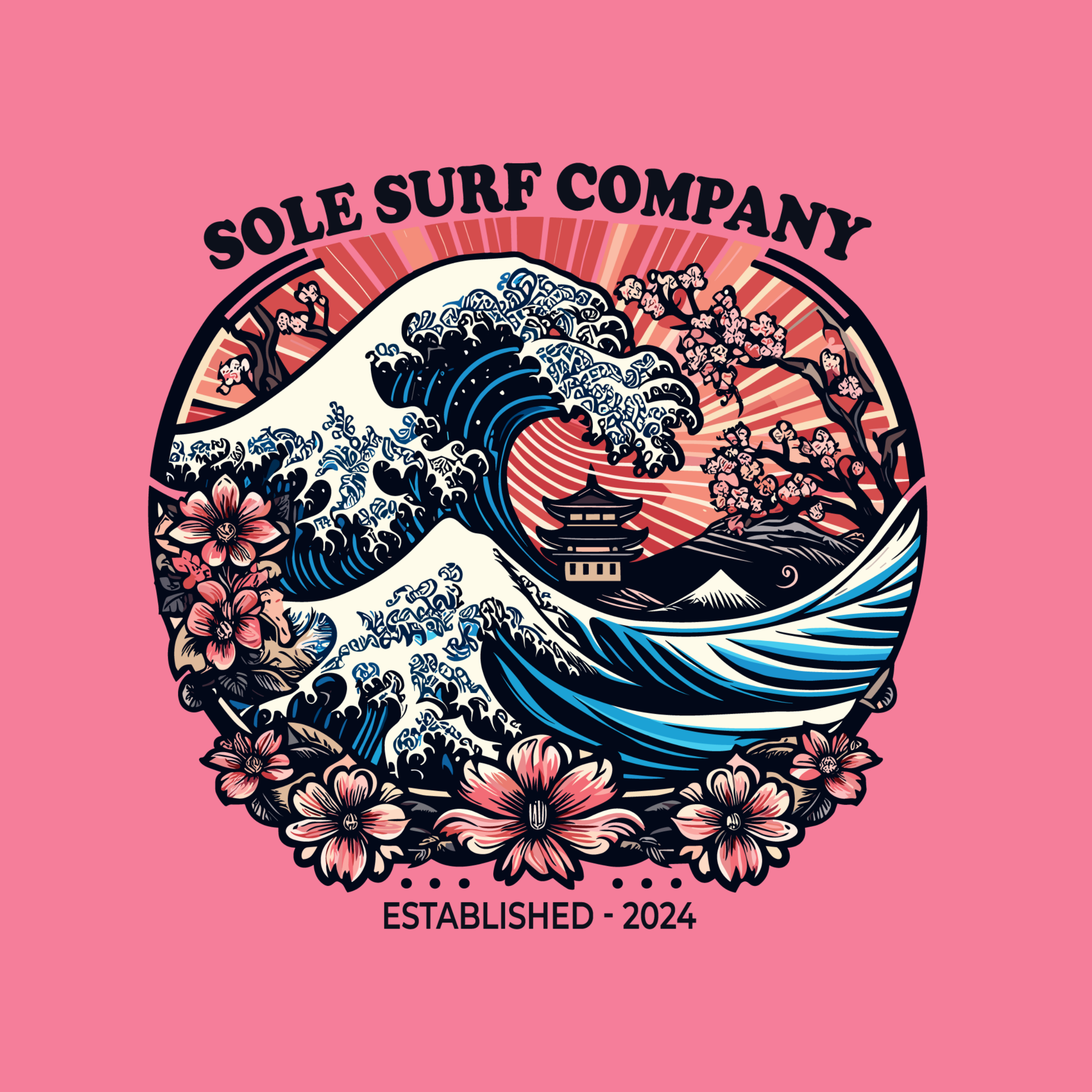A circular graphic design featuring a stylized wave illustration inspired by Great Wave Kanagawa, with cherry blossoms, a pagoda, and the text 'SOLE SURF COMPANY' and 'ESTABLISHED - 2024' on a solid pink background.