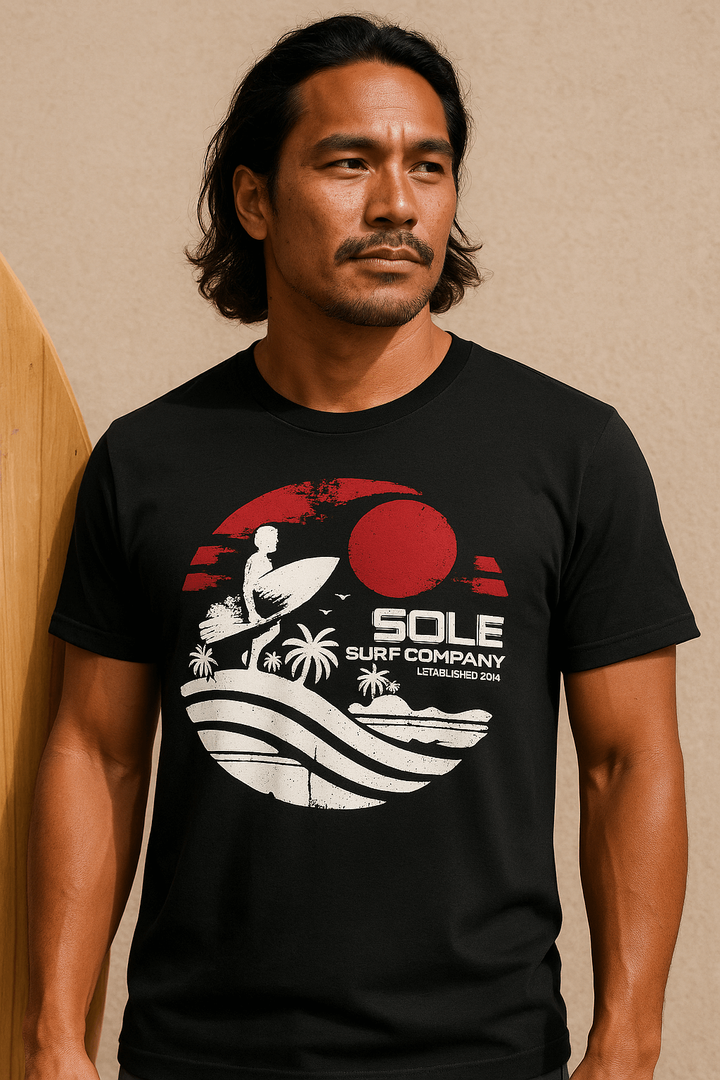 Man in black t-shirt featuring surf design with palm trees and sun, promoting the Sole Surf Company.