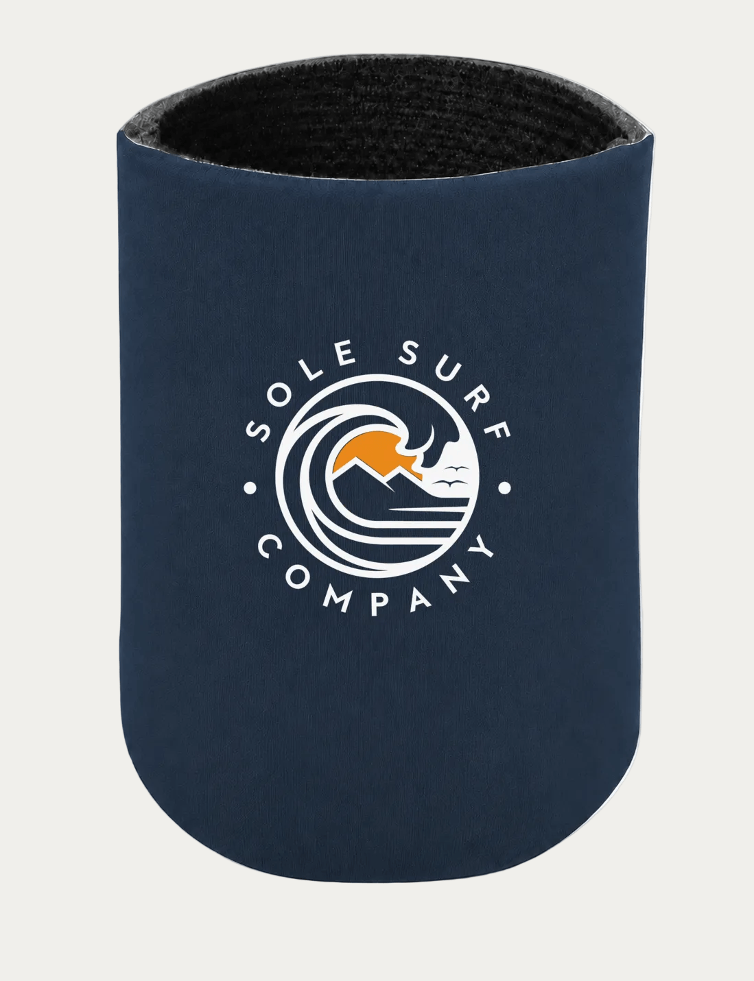 A navy blue neoprene can cooler sleeve with a white and orange 'Sole Surf Company' logo printed on the front, shown against a plain white background.