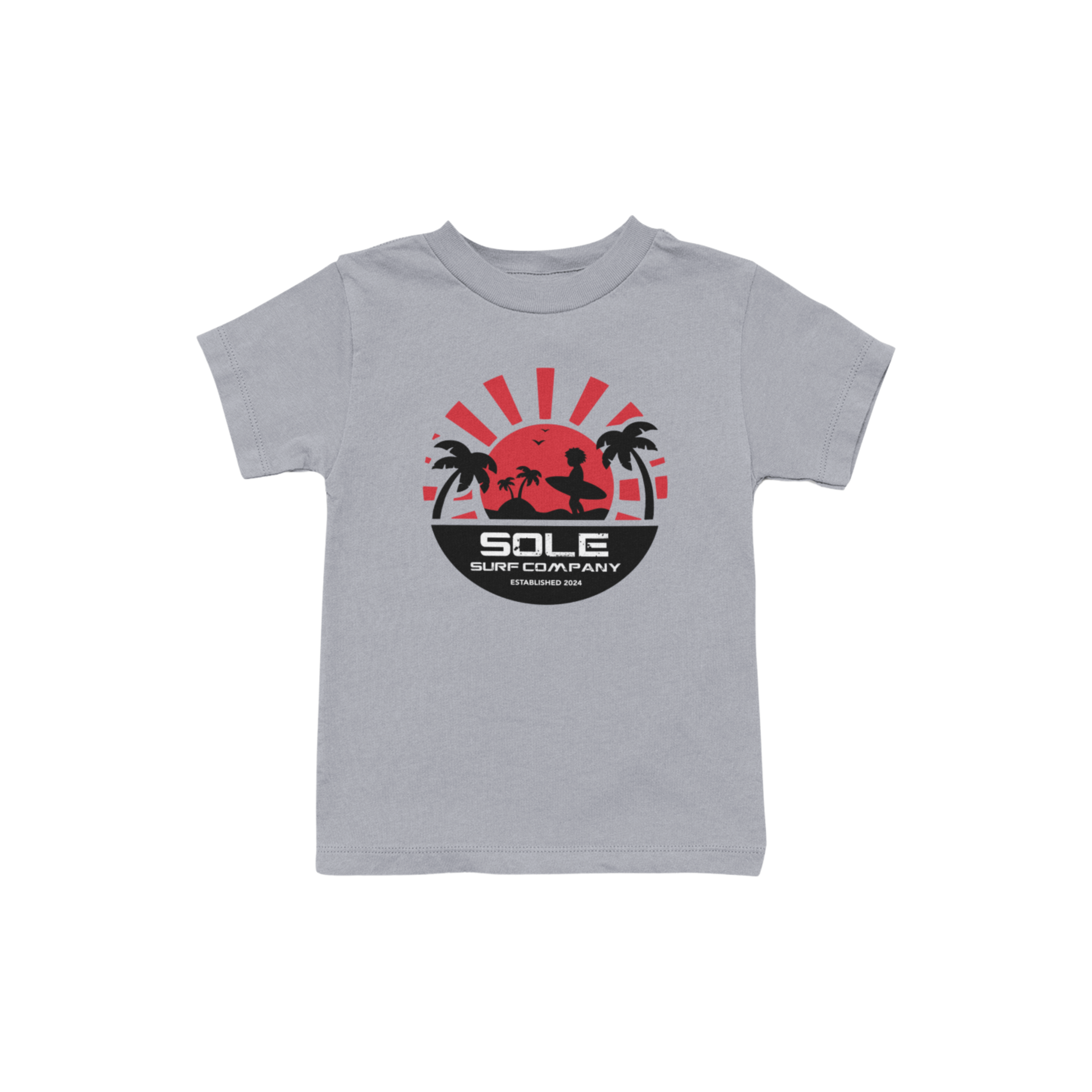 Gray boys' tee with surf-inspired design, featuring palm trees and sun graphic by Sole Surf Company.