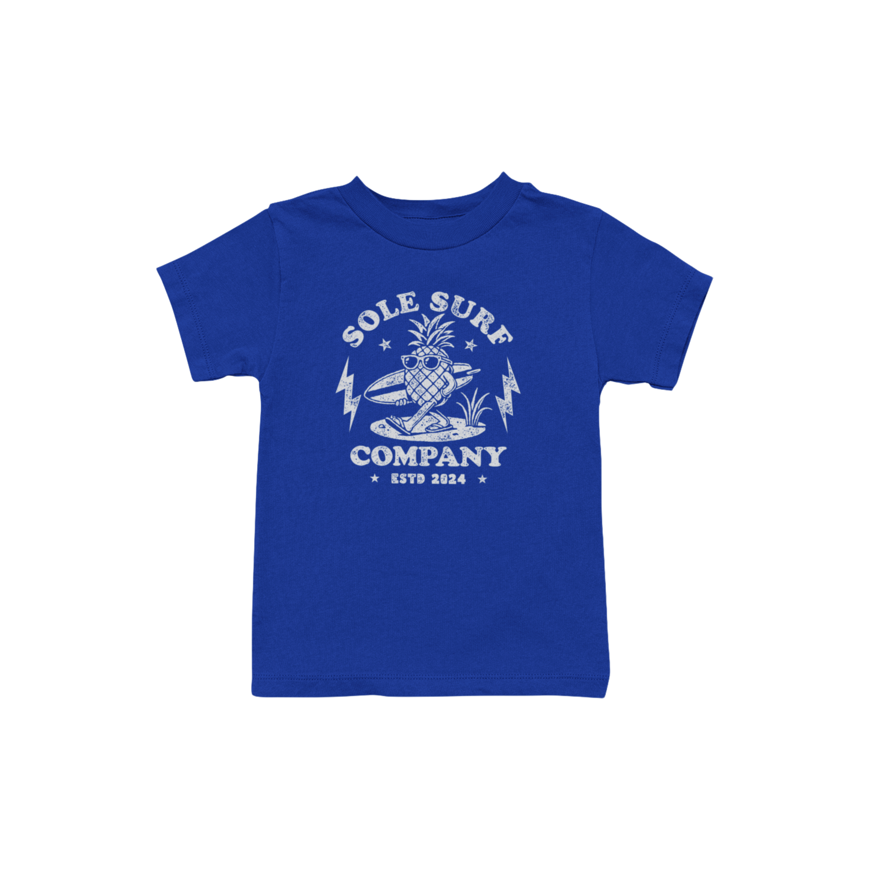 Kids blue tee with a pineapple character and 'Sole Surf Company' logo, perfect for young island explorers.