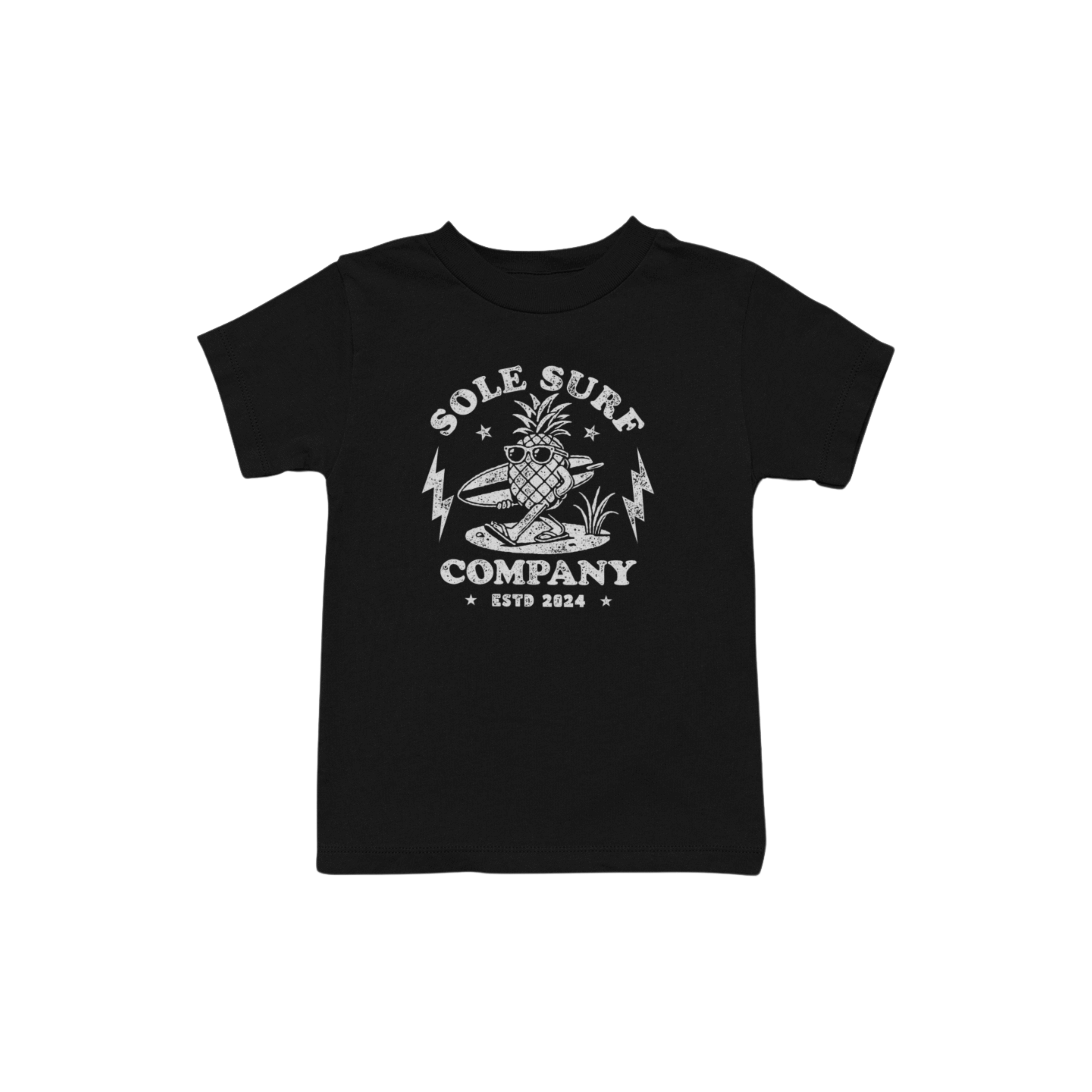 Kids black tee featuring a fun pineapple character and 'Sole Surf Company' logo, perfect for young explorers.