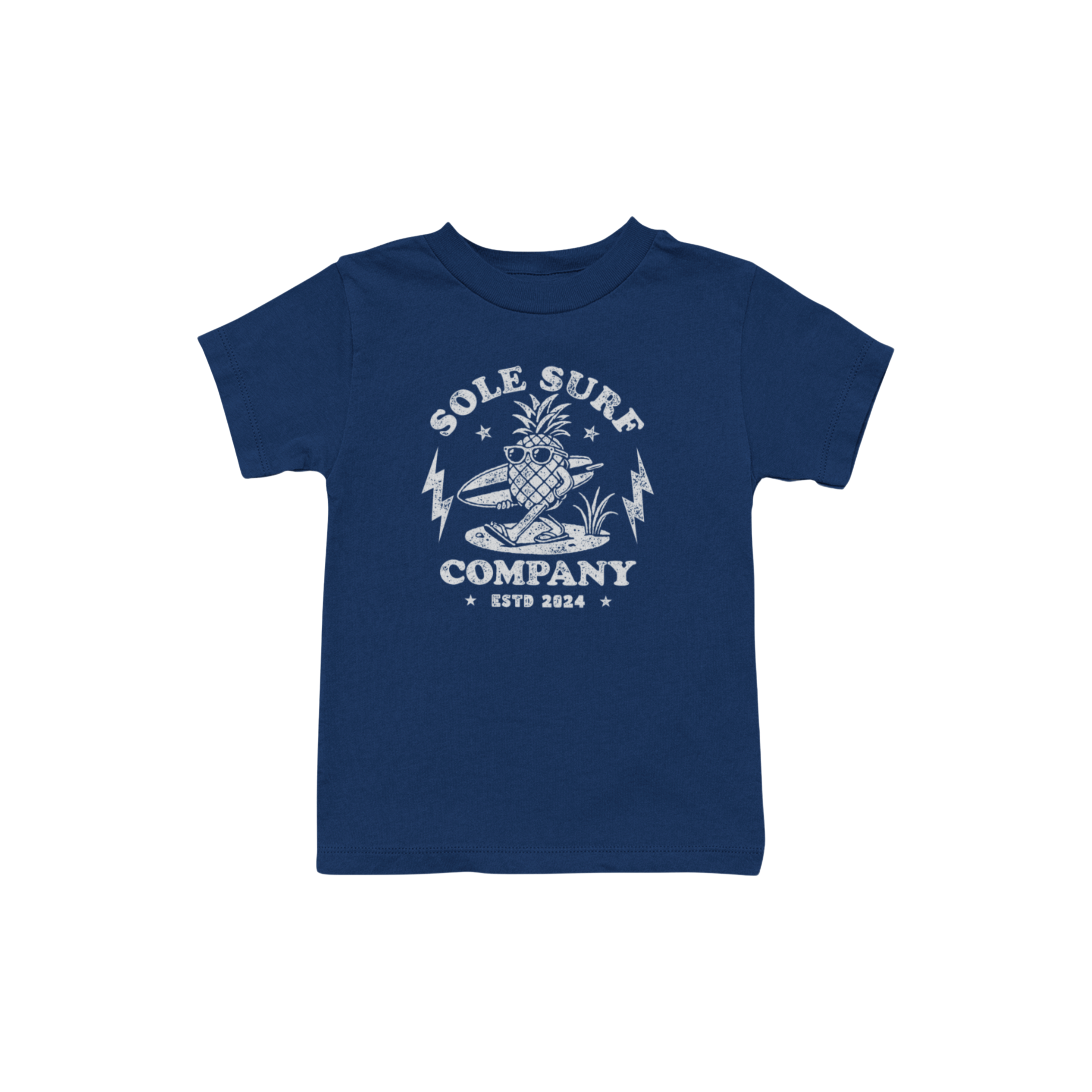 Kids Walking Pineapple Tee with island vibes, featuring a pineapple character and Sole Surf Company logo.