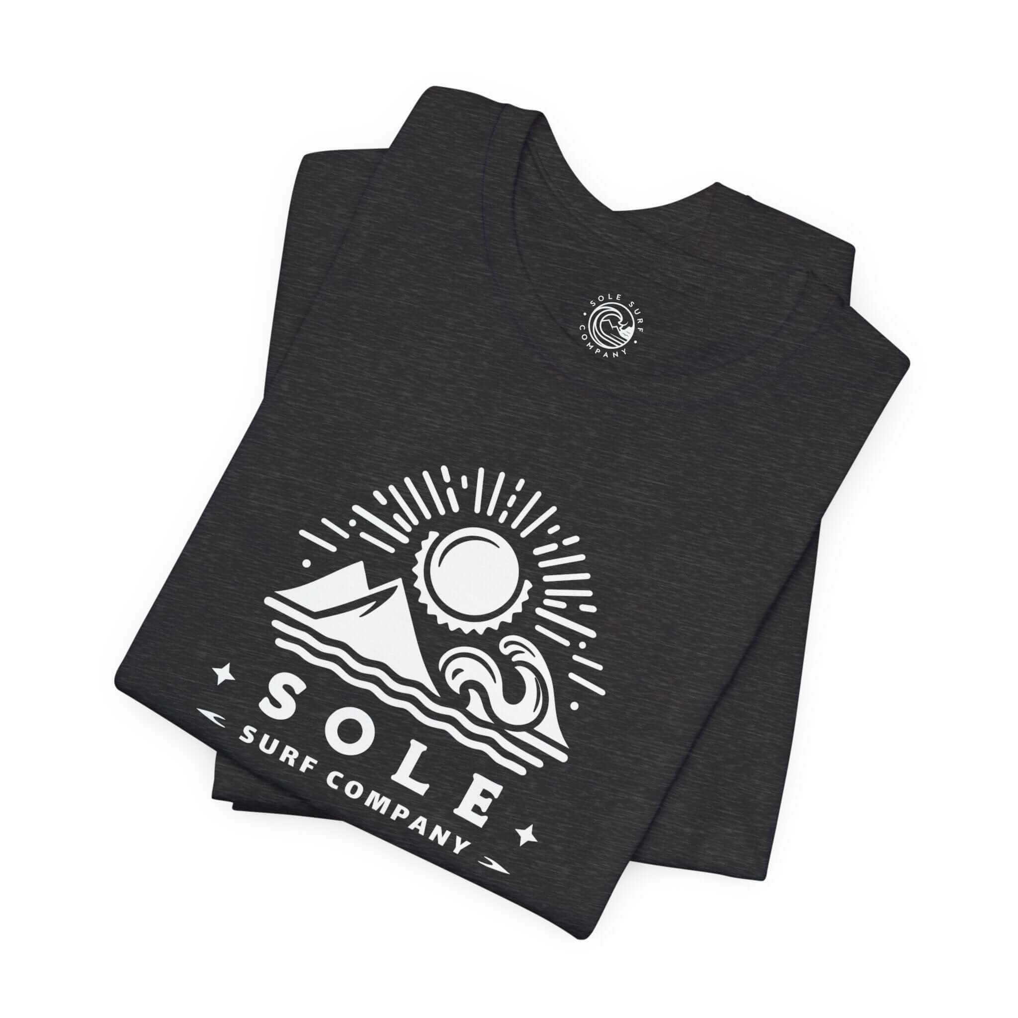Sun Mountain Waves design t-shirt by Sole Surf Company, featuring sun, mountain, and waves graphics.