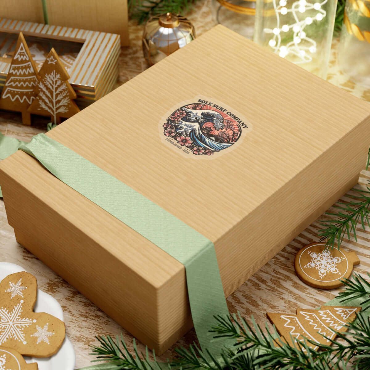 Elegant gift box with a green ribbon and Japanese-themed sticker, surrounded by festive decorations and cookies.