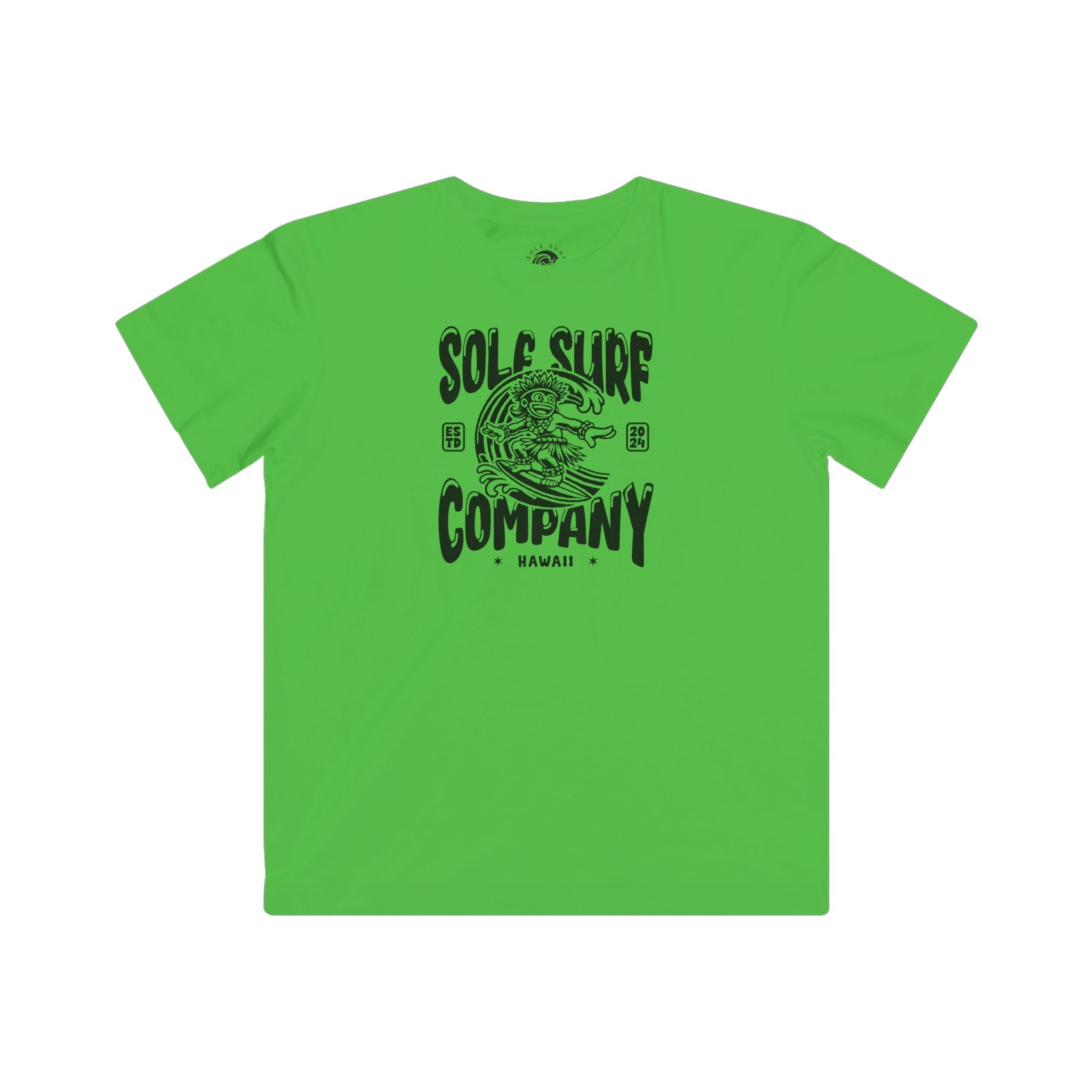 Green kids t-shirt featuring a tiger graphic and 'Solo Surf Company' text, perfect for active beachwear.