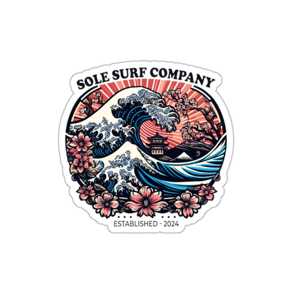 Vibrant Japanese wave sticker with cherry blossoms, perfect for surf lovers and personalizing items.