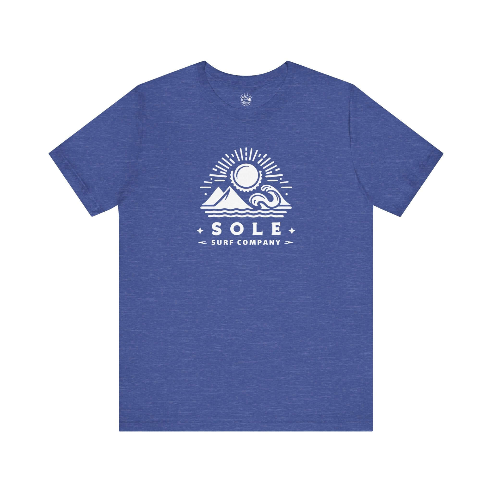 Sun Mountain Waves design t-shirt by Sole Surf Company featuring a sun, mountain, and waves on a blue background.