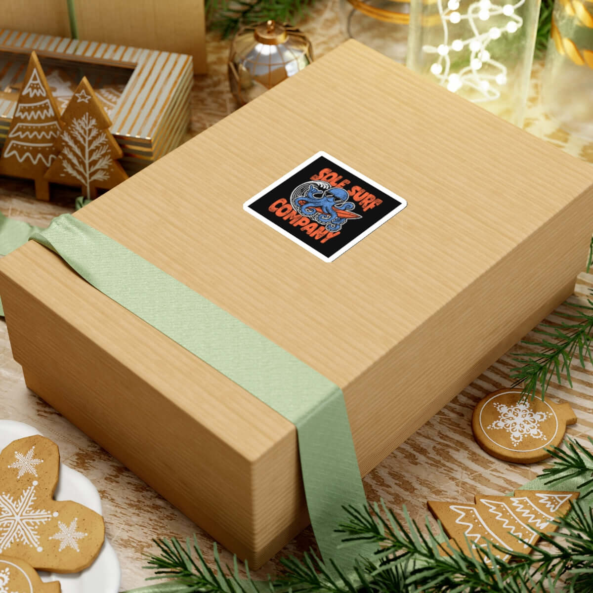 Gift box with Surfing Octopus sticker and green ribbon, surrounded by holiday decor and cookies.