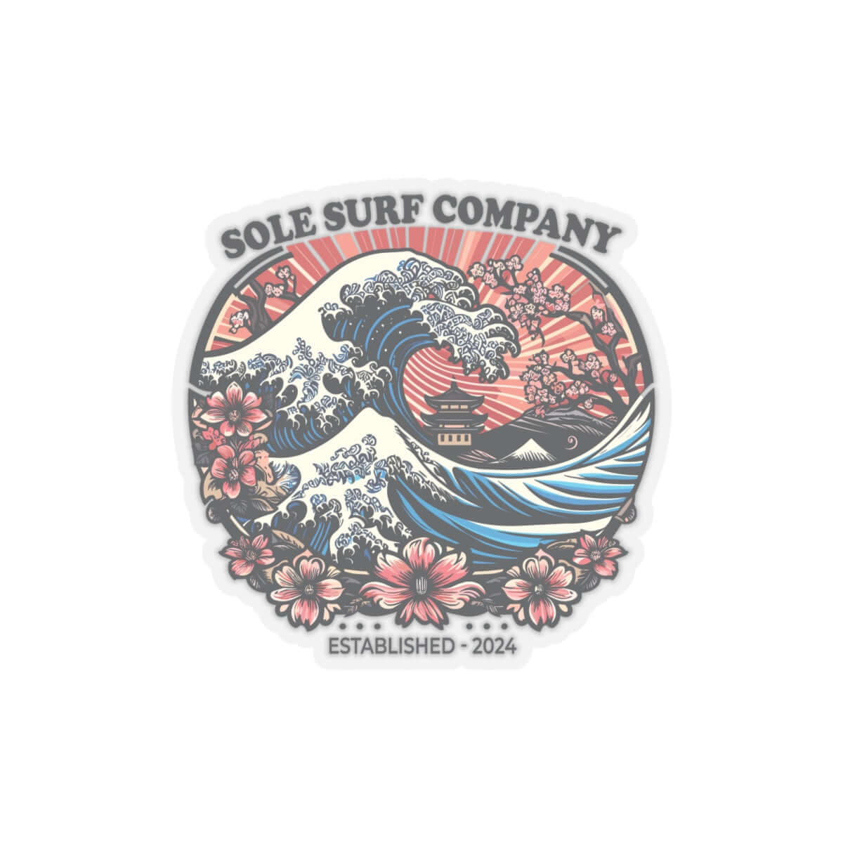 Japanese wave and cherry blossom sticker design for Sole Surf Company, perfect for surf enthusiasts and artistic decor.