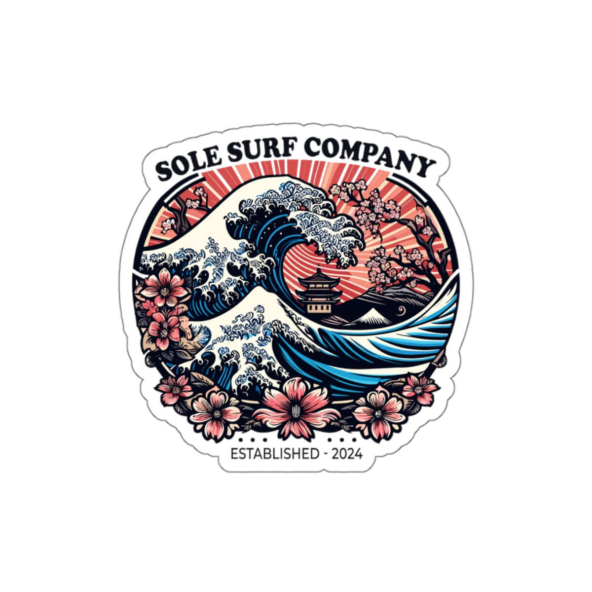 Japanese picture sticker featuring waves, cherry blossoms, and a pagoda, perfect for surf enthusiasts and artistic decor.