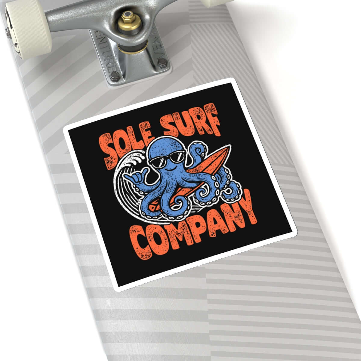 Sole Surf Company sticker featuring a cartoon octopus wearing sunglasses and holding a surfboard on a skateboard.