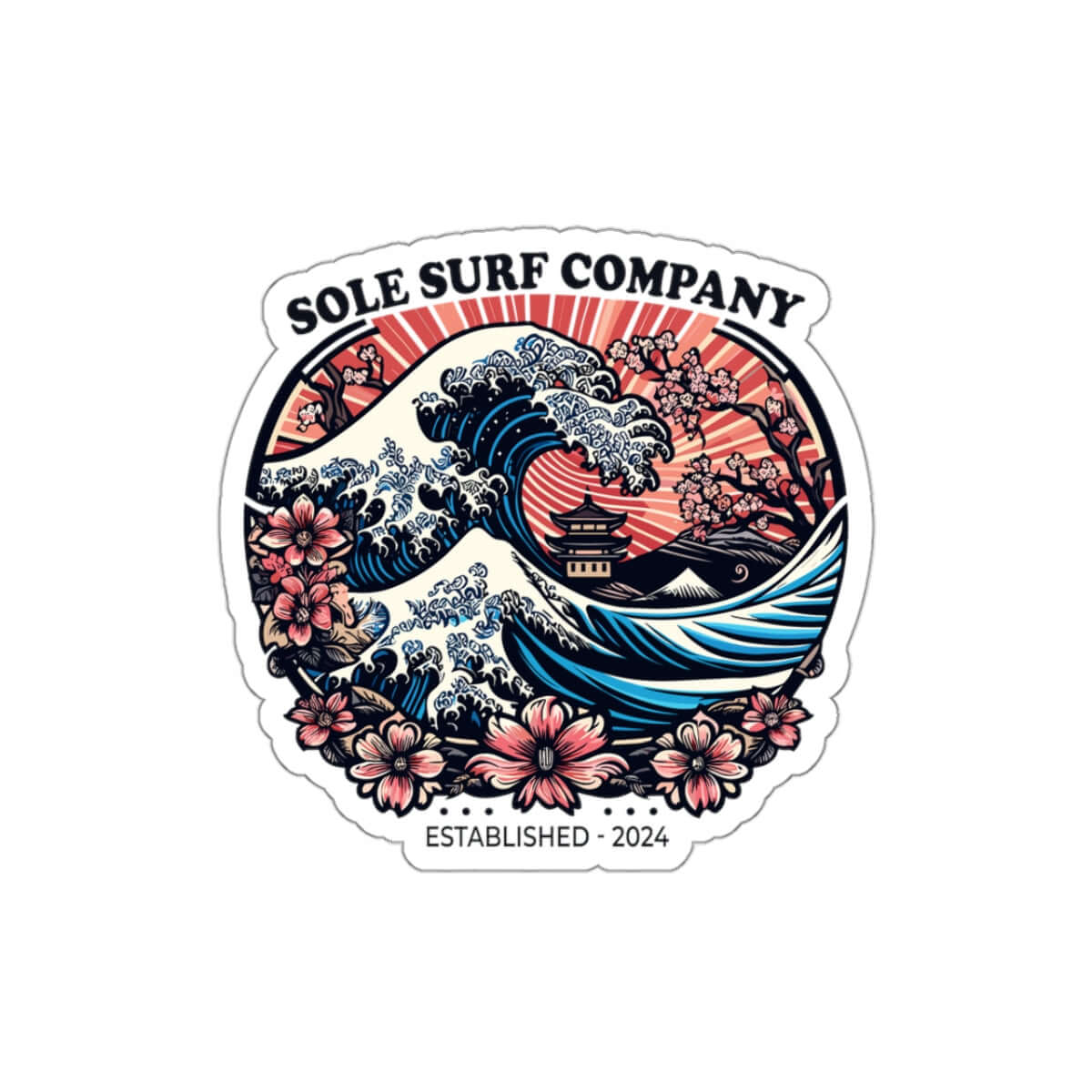 Vibrant Japanese sticker with waves and cherry blossoms, perfect for surf enthusiasts and personal items.