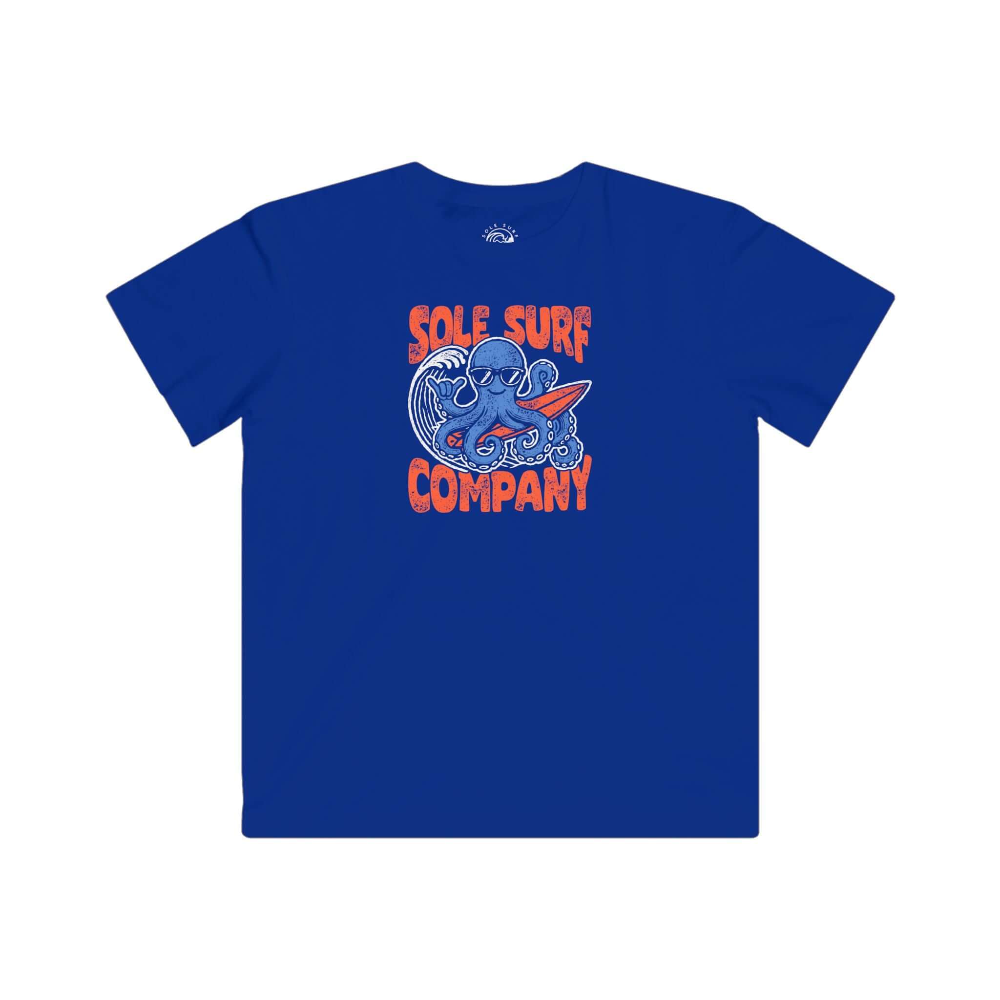 Blue kids tee with octopus graphic and 'Sole Surf Company' text for fun surfing adventures.