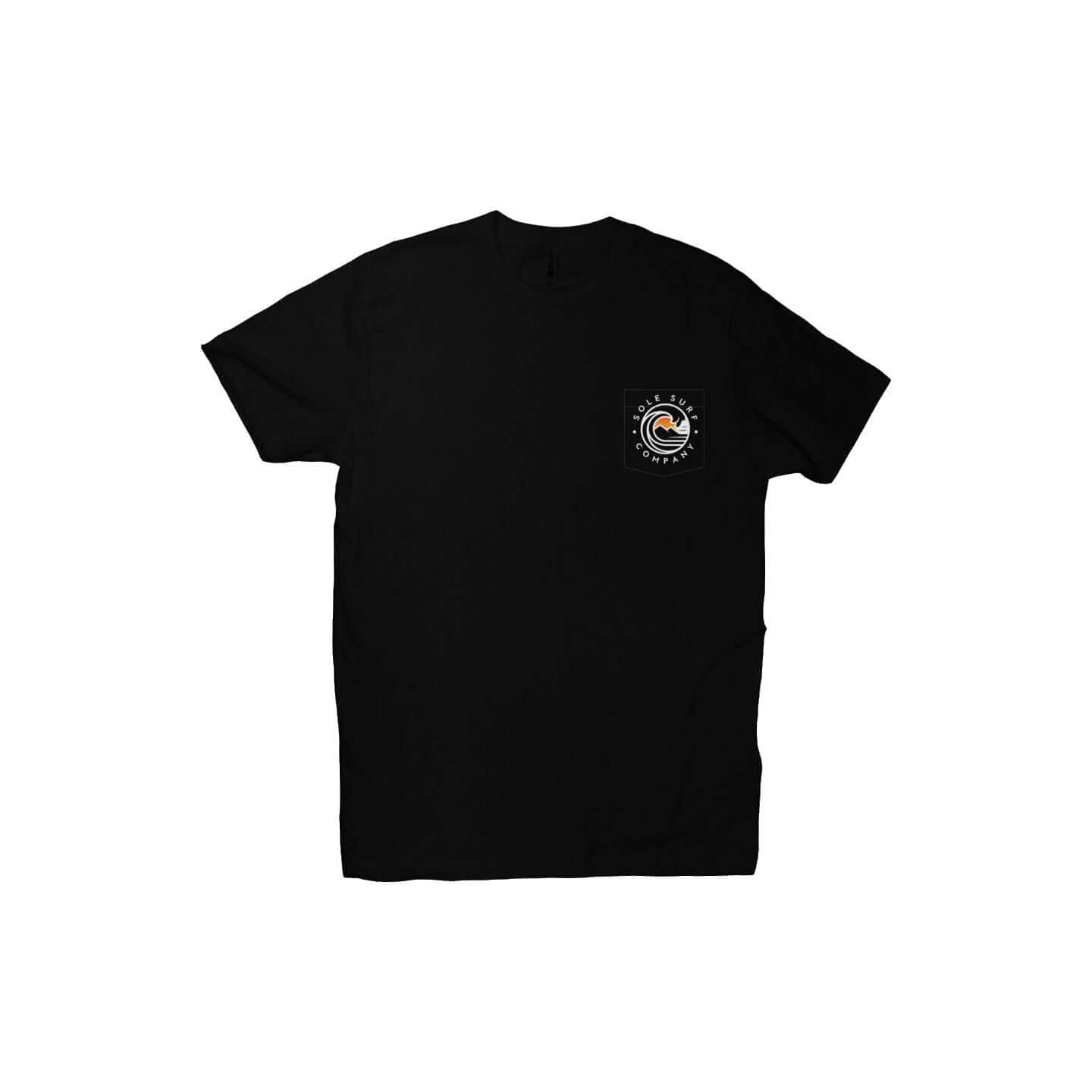 Black logo pocket tee made from soft, lightweight cotton, perfect for casual wear or beach outings.
