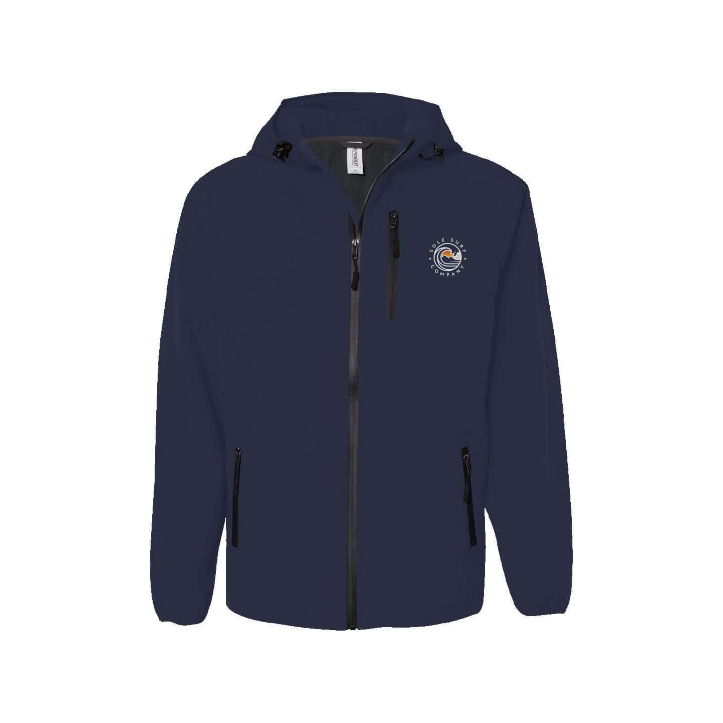 SSC Soft Shell Jacket in navy with logo, waterproof, stylish, breathable, perfect for bad weather.