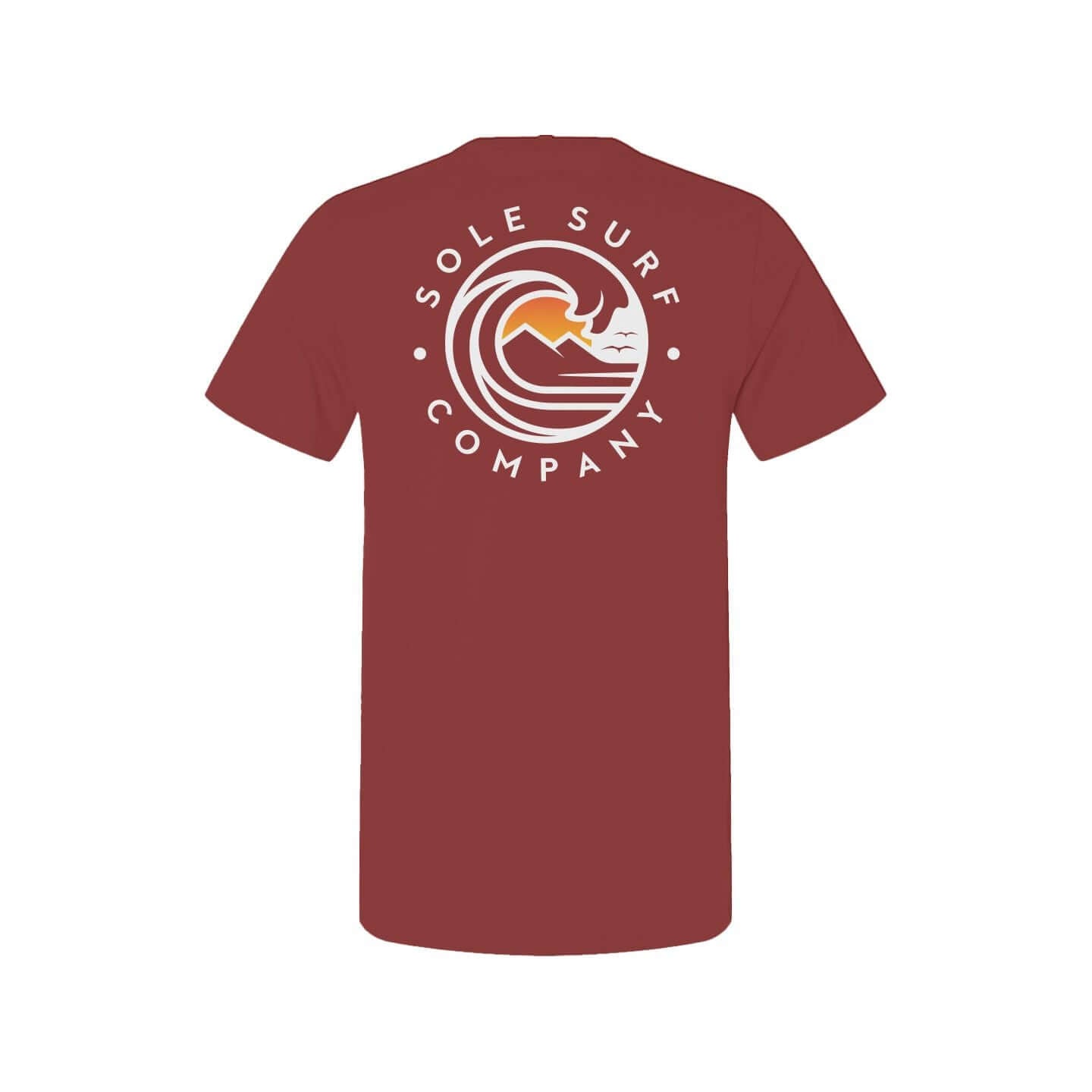 Men's SSC Light Logo t-shirt featuring Sole Surf Company logo on a maroon background.