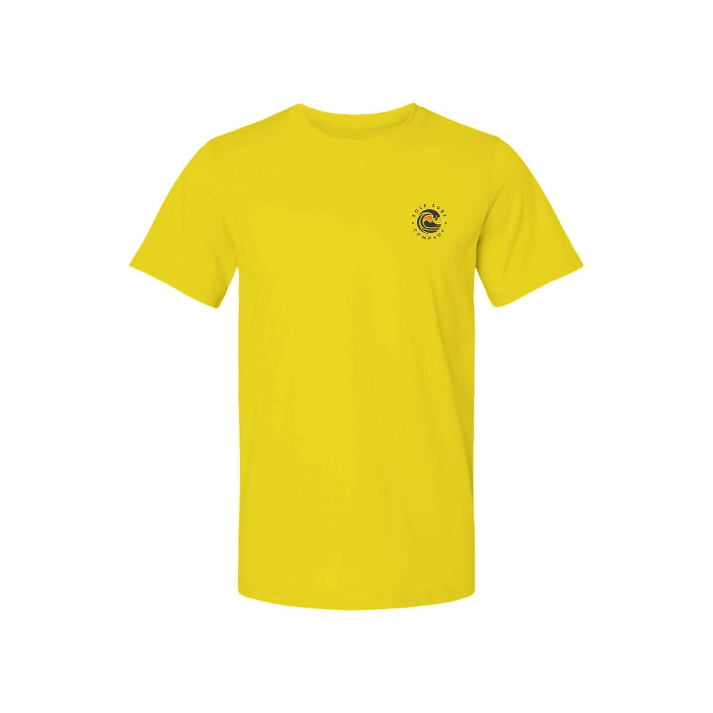 Bright yellow t-shirt featuring Sole Surf Company logo, perfect for beach lovers and casual outings.