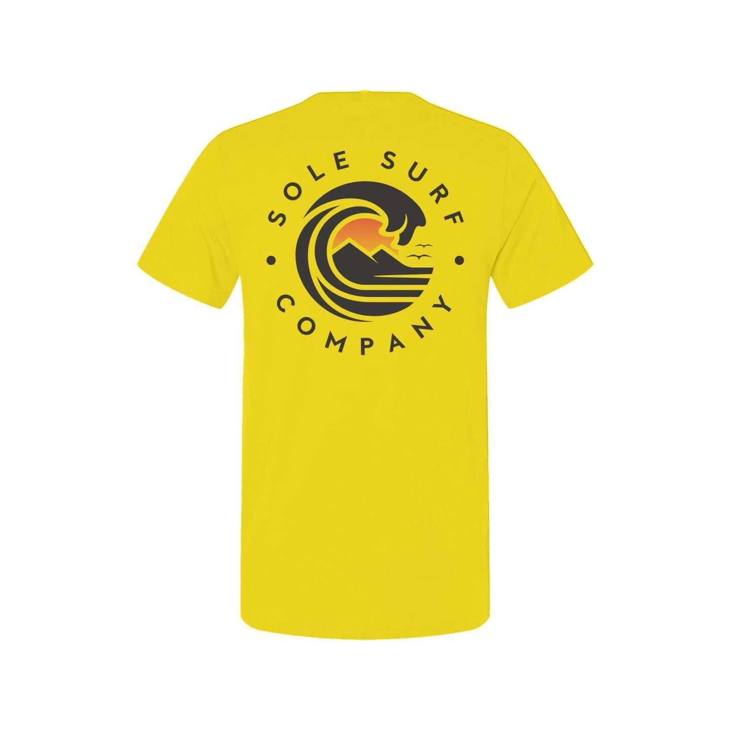 Back view of a yellow t-shirt featuring the Sole Surf Company logo and wave design, great for beach lovers.