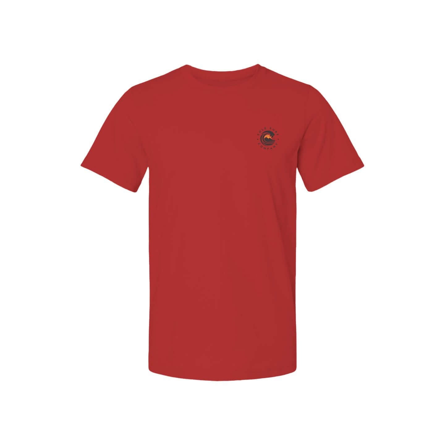 Red t-shirt featuring Sole Surf Company logo, perfect for casual outings and beach lovers.