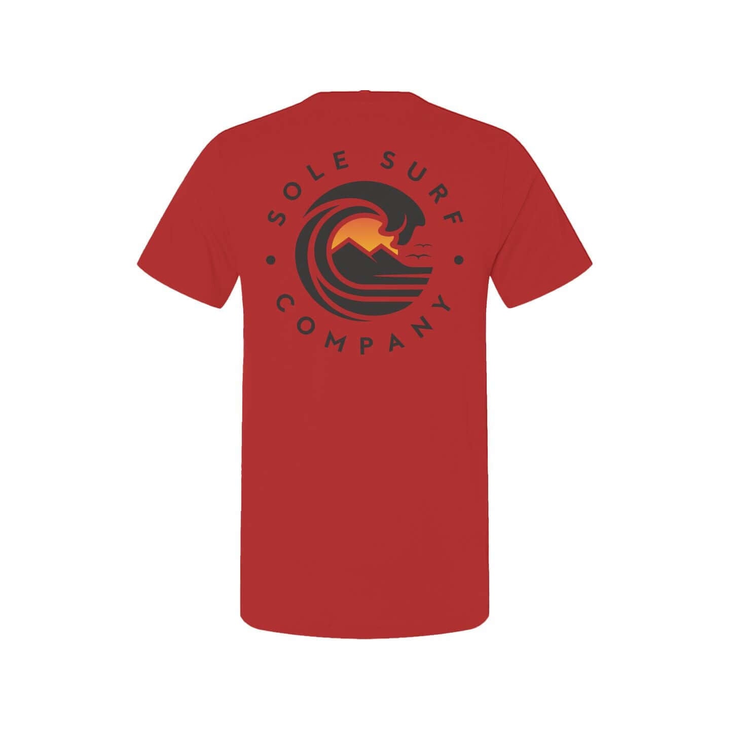 Red t-shirt featuring the Sole Surf Company logo with wave and mountain design, perfect for beach lovers.