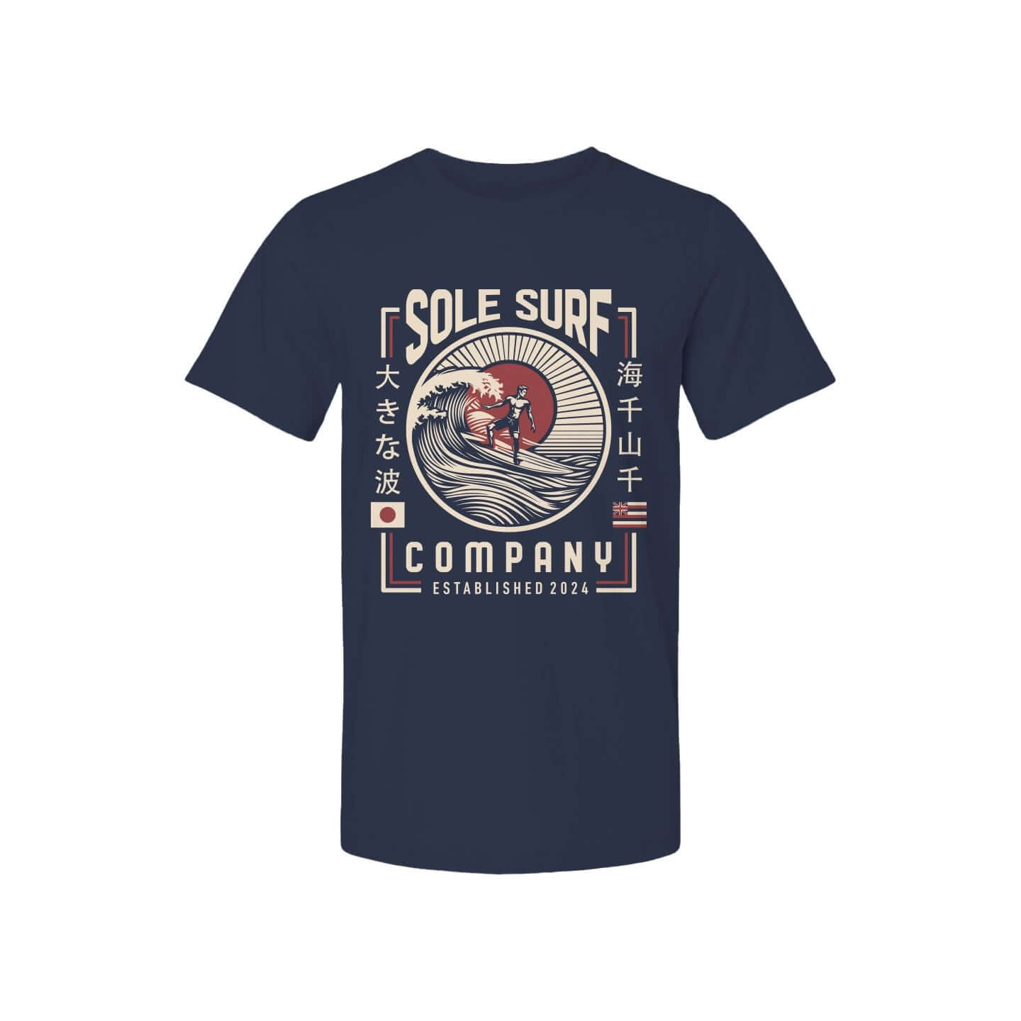 Japanese Hawaiian flag t-shirt design featuring a surf company graphic, perfect for beach lovers and surf enthusiasts.