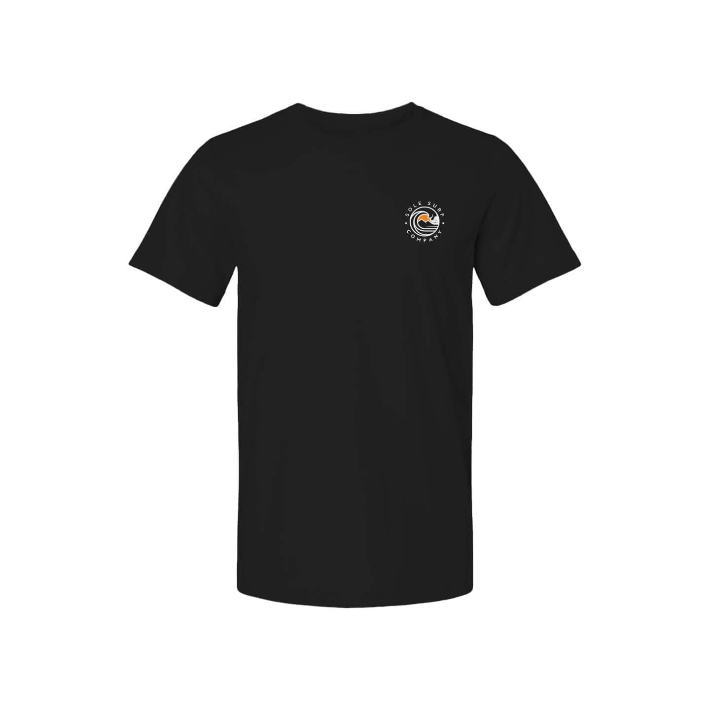 Black Ulu T-Shirt with a vibrant logo, perfect for beachgoers and surf enthusiasts in summer leisure wear.