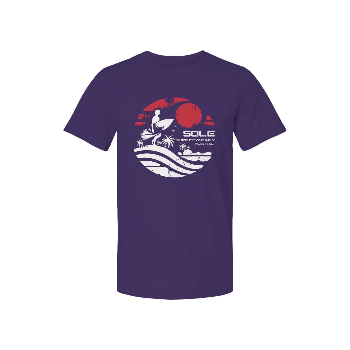 Men's Surf Series T-shirt featuring a surfer design on a purple background, perfect for beach lovers and summer adventures.
